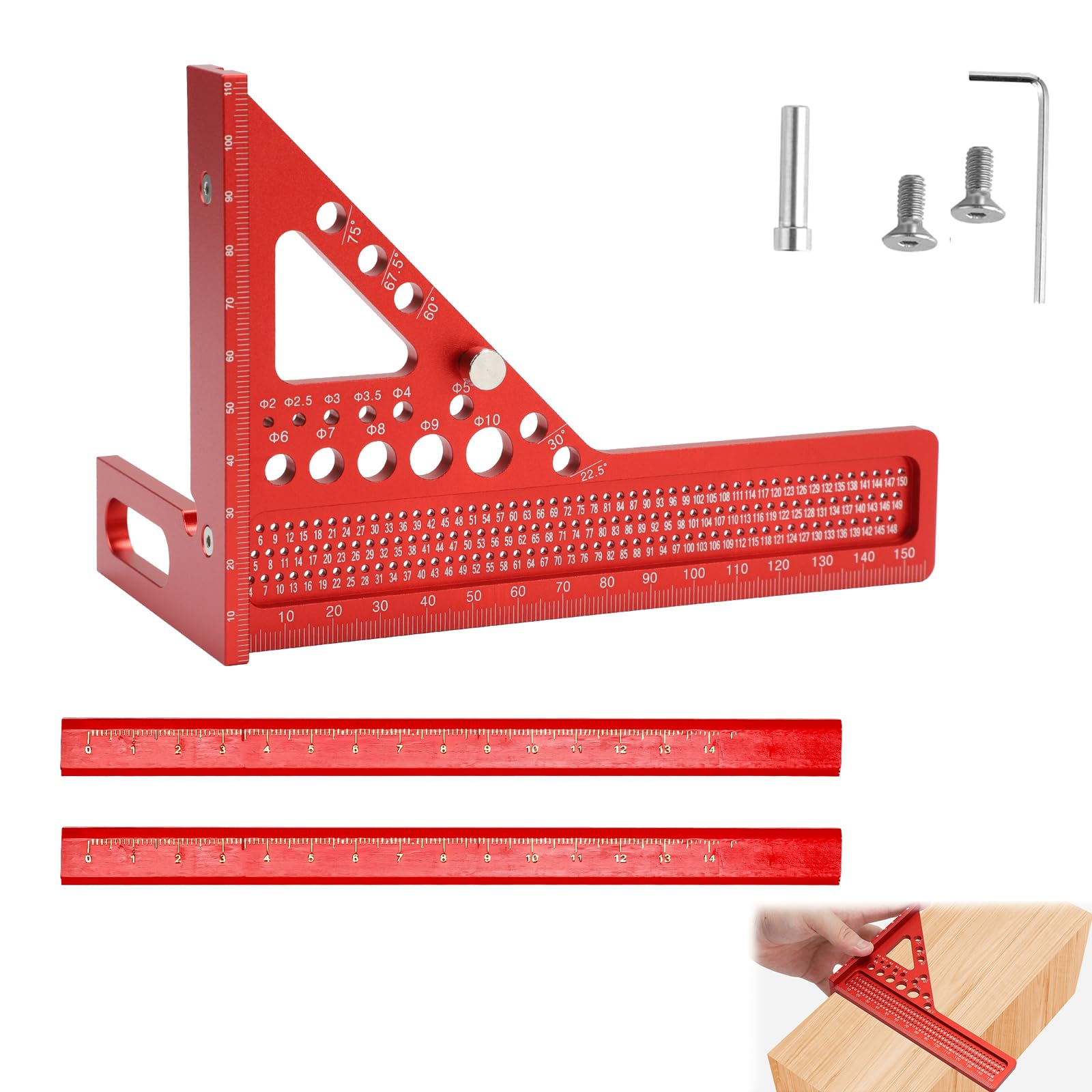 Woodworking Angle Ruler, 3D Carpenter Square, Carpenter Square, 0-150mm, 22.5°-75° Common Use Preset Angles, Aluminum Alloy, Red