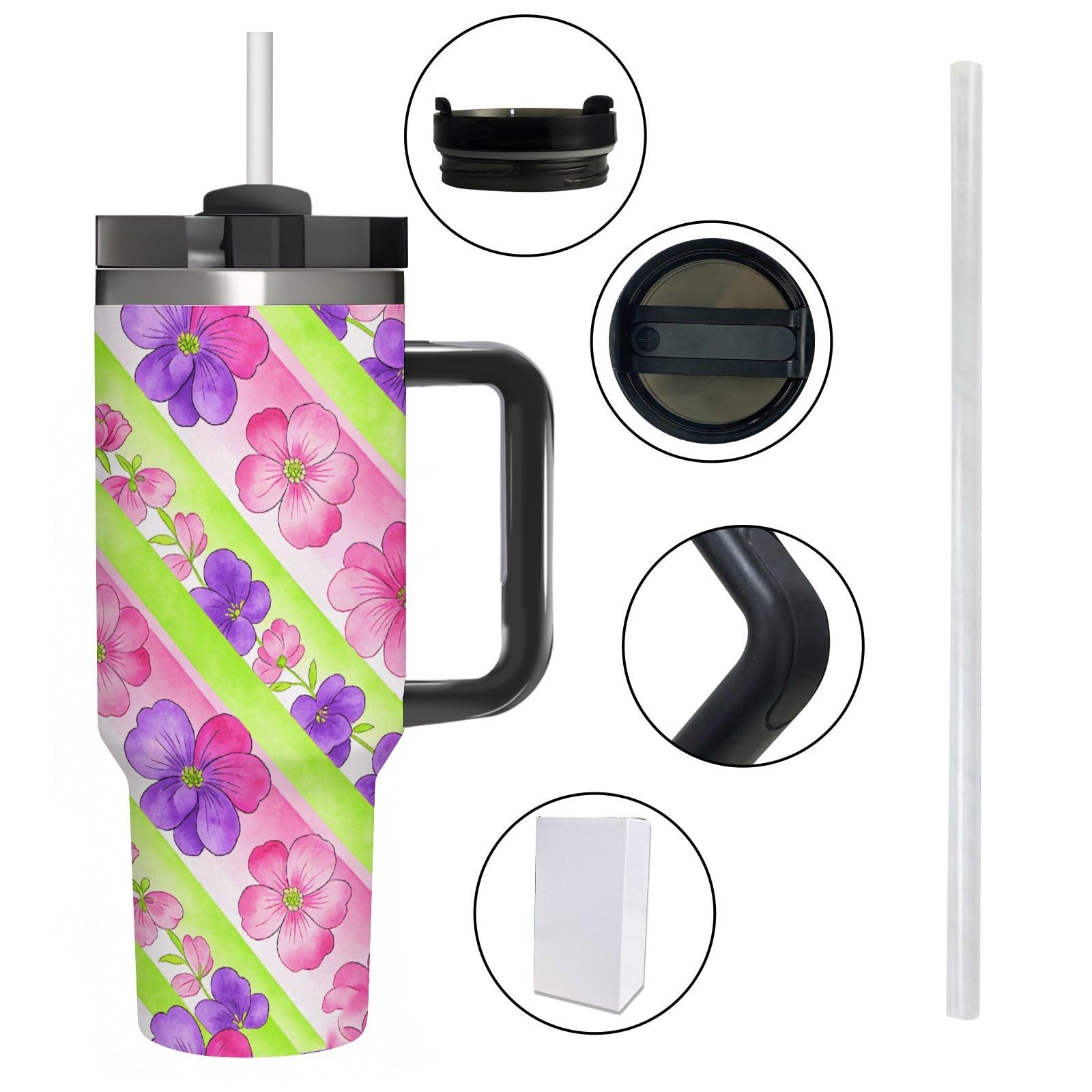 Chevron Blooms - Vaso de café de viaje de acero inoxidable, taza de café con tapa y popote, taza con asa, gran capacidad, doble pared al vacío, a prueba de fugas, taza térmica de café helado