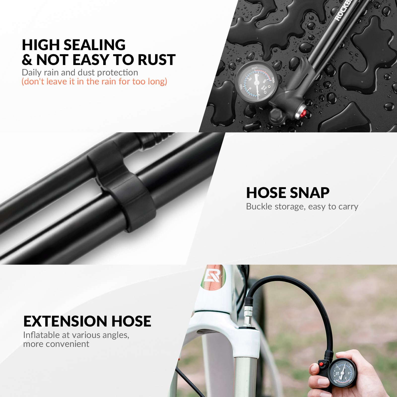 Pompa Per Bici ROCKBROS - Alta Pressione 300 PSI, Manometro, Per Pneumatici E Ammortizzatori - Foto 14