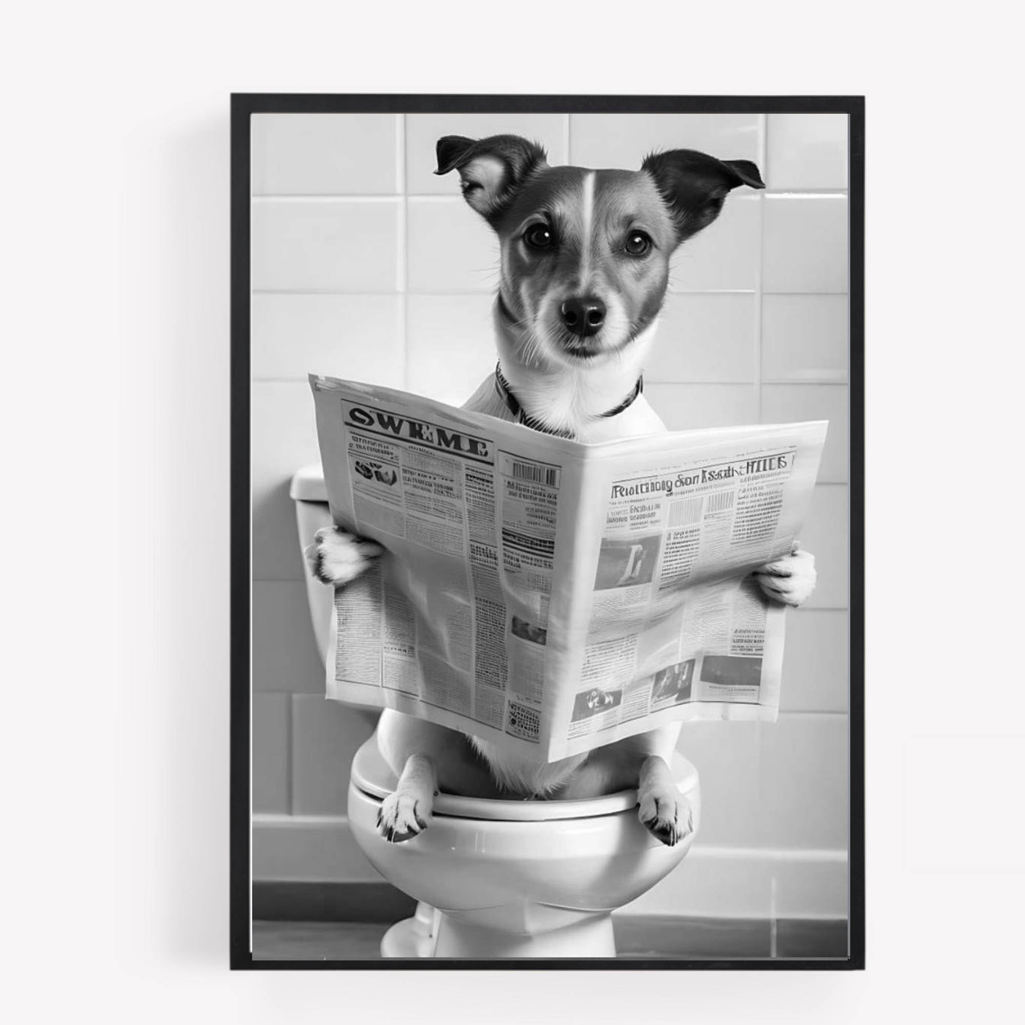 Vo Design Black White Gfc Funny Bathroom Toilet Animal Print Picture Poster Jack Russell Dog On A Toilet Reading Newspaper A4 Unframed Wall Art Home Decor Decorating