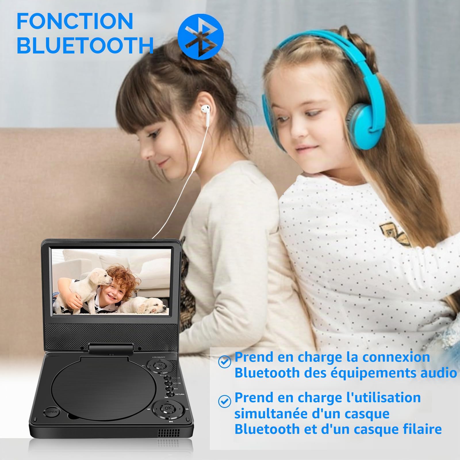Lecteur DVD portable Bluetooth 9,5" YOOHOO écran HD 7,5" pour enfants voiture TV appuie-tête toutes régions MKV/MP4/WAV/AVI