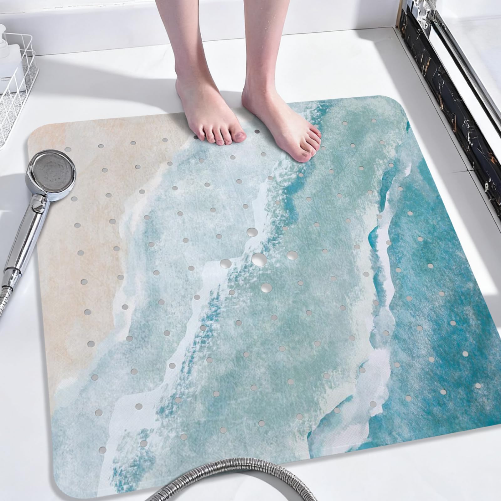 Beach Square Anti Slip Shower Mats for Inside Shower Accessories, Cute Bath Mats for Bathroom Non Slip Shower Floor Mat Sea Decor Rubber Bathmat with
