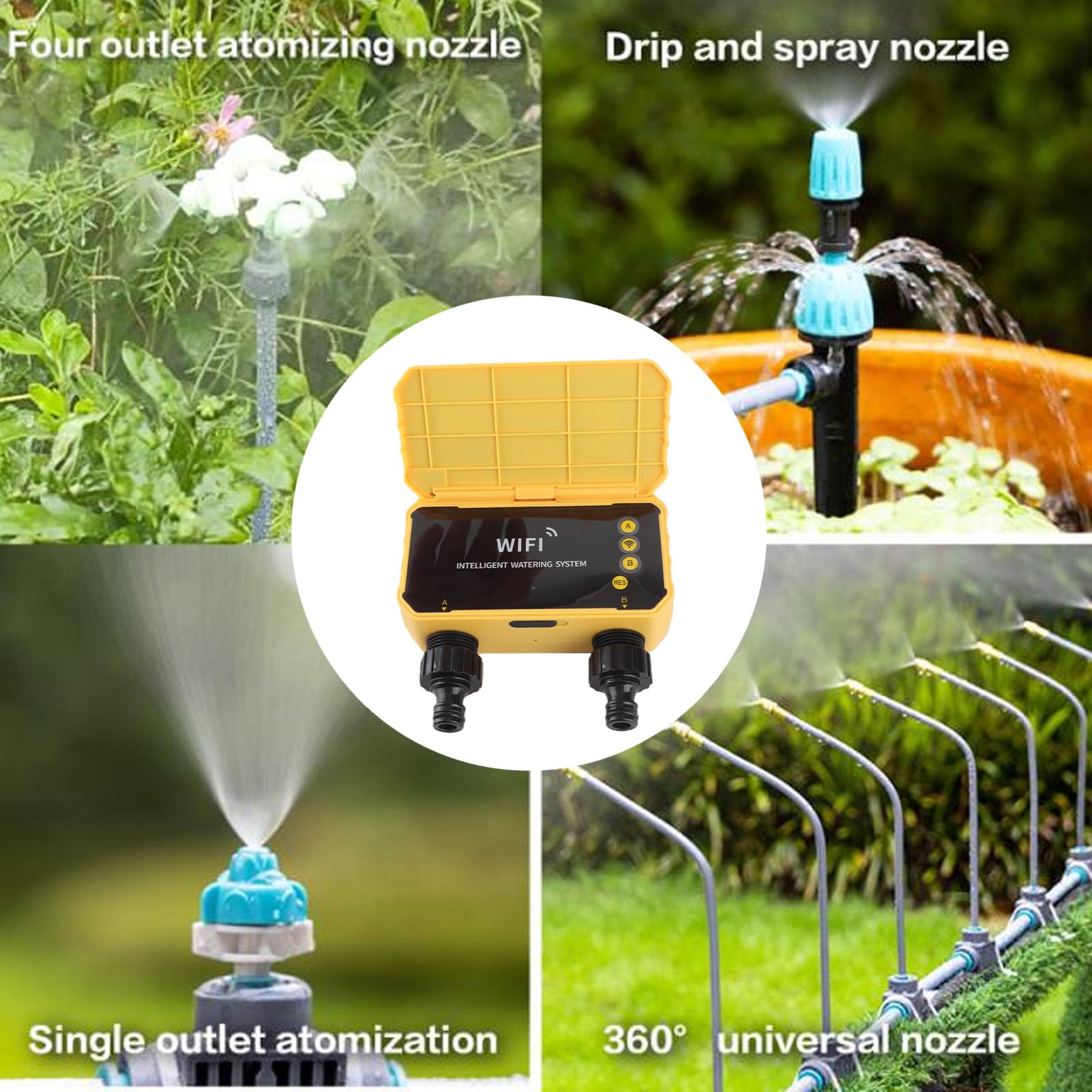 Timer per irrigazione solare 2 uscite, timer per irrigazione automatico con controllo APP con rilevamento della pioggia, batteria di riserva da 3200 mAh per irrigazione