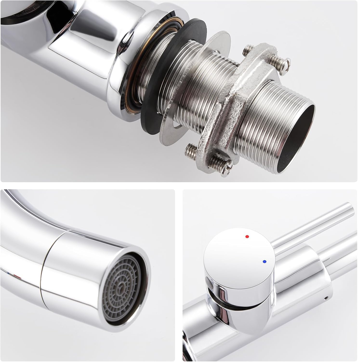 Auralum Niederdruck Armatur Bad Wasserhahn mit 3 Anschlüssen für Boiler | Waschtischarmatur hoch, 360° Schwenkbar, Strahlregler abnehmbar, Auslaufhöhe 147 mm, für drucklose Warmwasserspeicher, Chrom