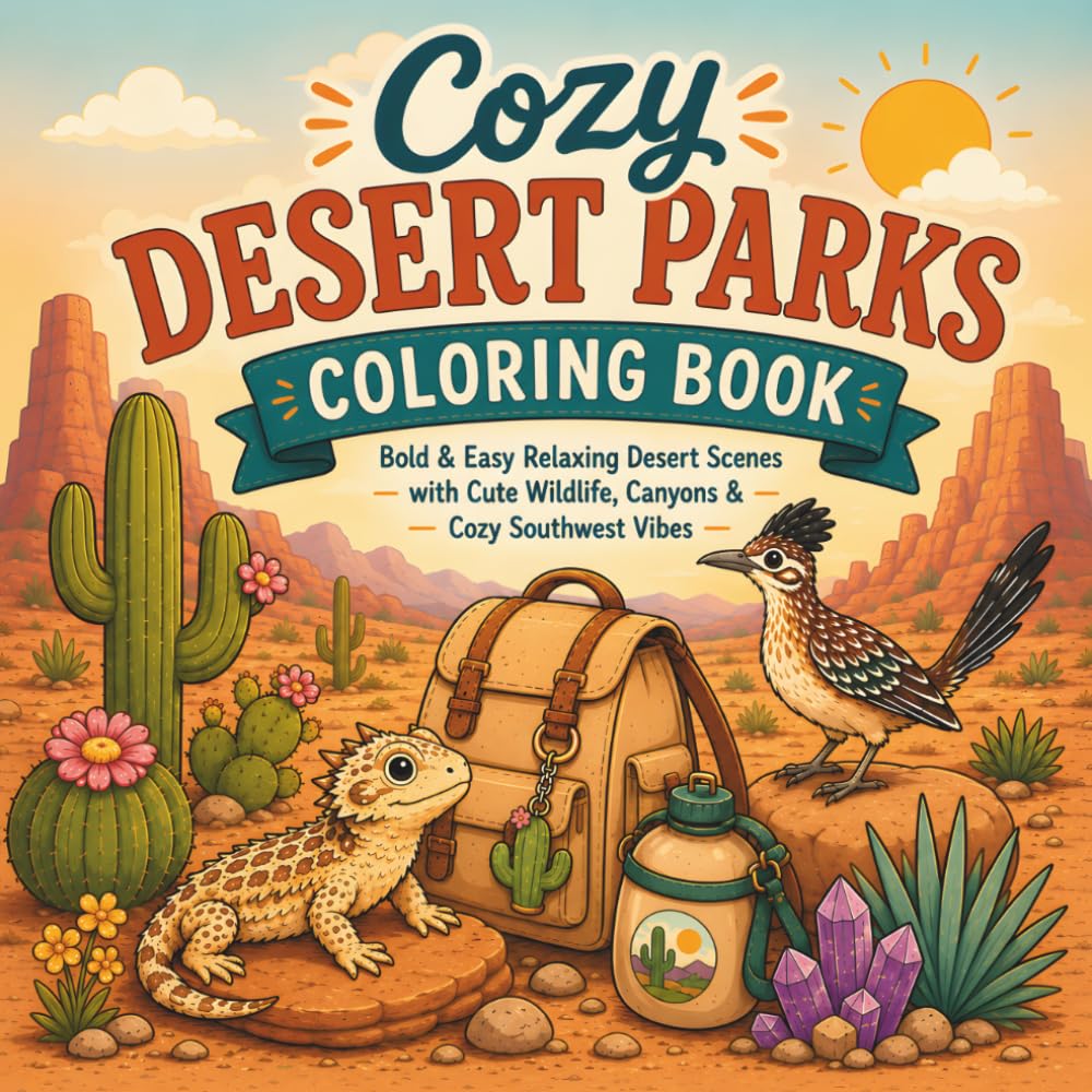 Cozy Desert Parks Coloring Book: Bold & Easy Relaxing Desert Scenes with Cute Wildlife, Canyons & Cozy Southwest Vibes (30 Page Studio)