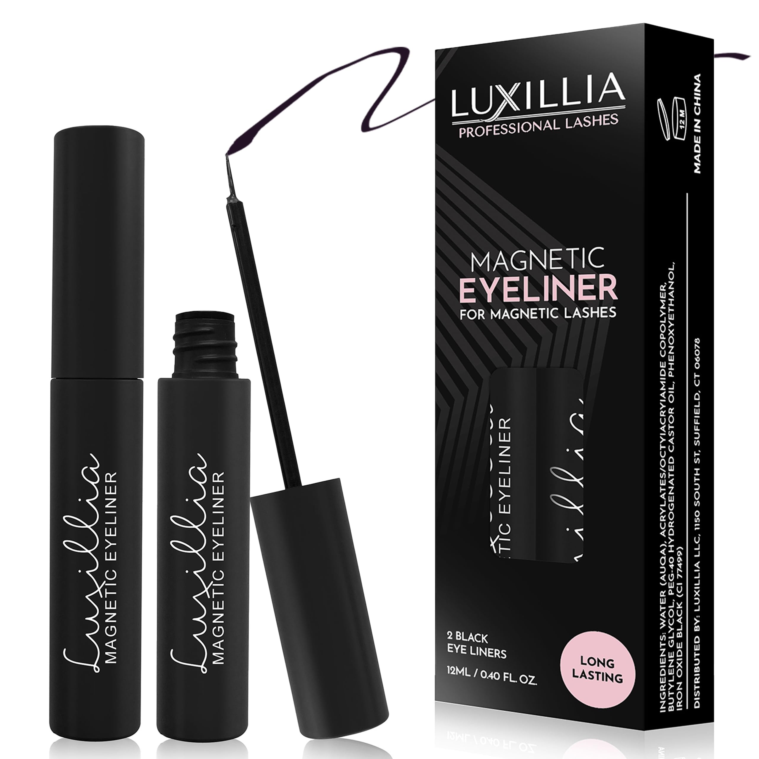 Luxillia (Black) Magnetic Eyeliner for Magnetic Eyelashes, Strongest Hold Lash Liner & Waterproof Smudge-Proof Magnetic Eyelash Liner Pen (Pack of 2)