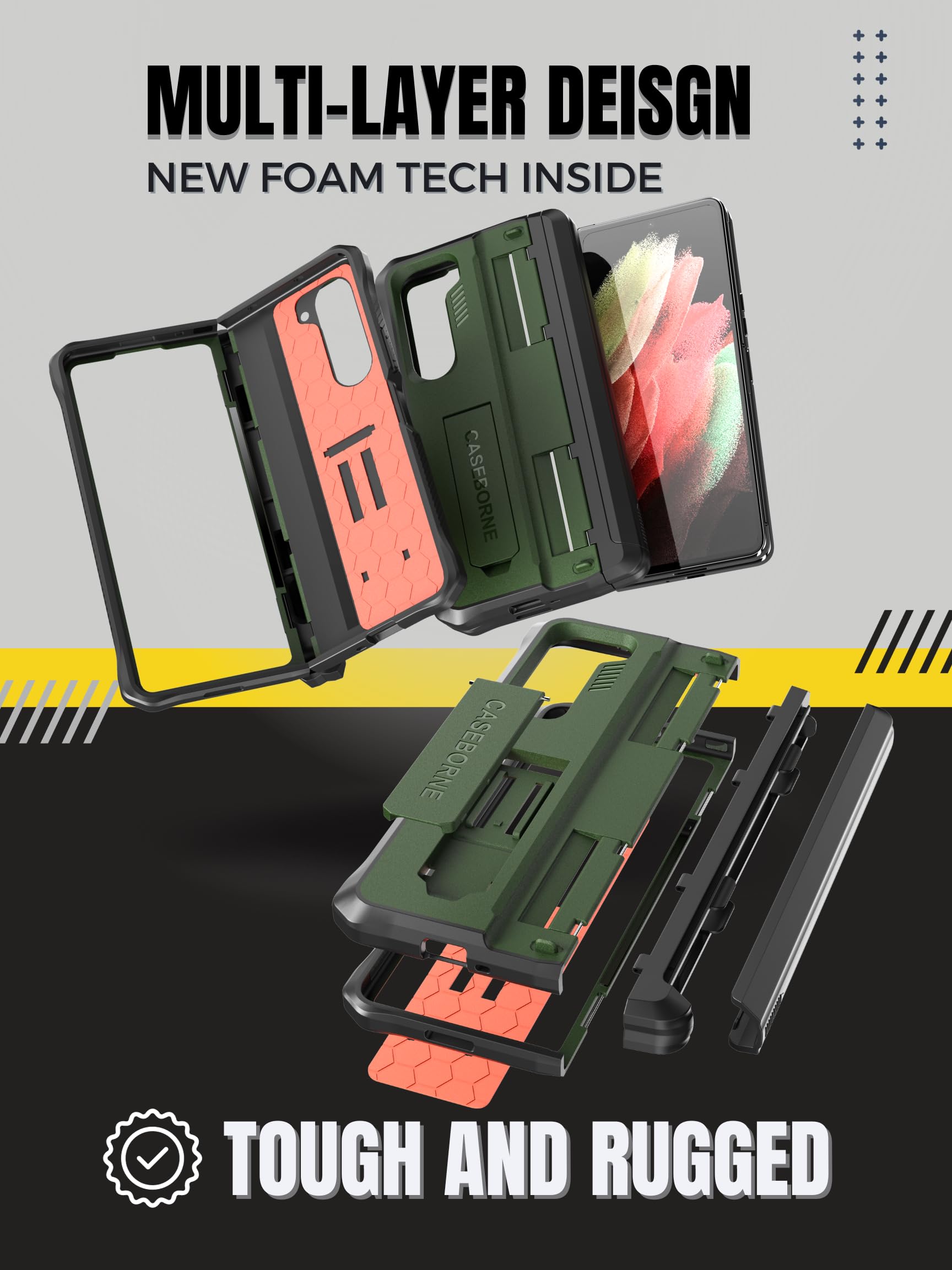 CaseBorne V Compatible con la funda Samsung Galaxy Z Fold 5 - [Protección de bisagra], [100% materiales reciclados] con soporte integrado, soporte para S-Pen y protector de pantalla de vidrio templado