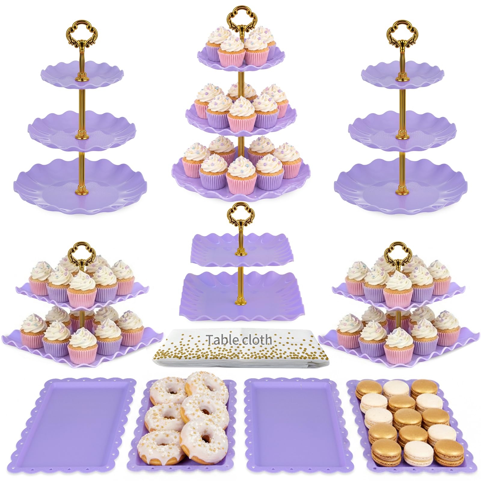NWK Lot de 10 présentoirs à gâteaux avec 3 supports à cupcakes à deux niveaux + 3 supports à cupcakes à trois étages + 4 plateaux à apéritif parfaits pour anniversaire, fête prénatale, mariage, fête