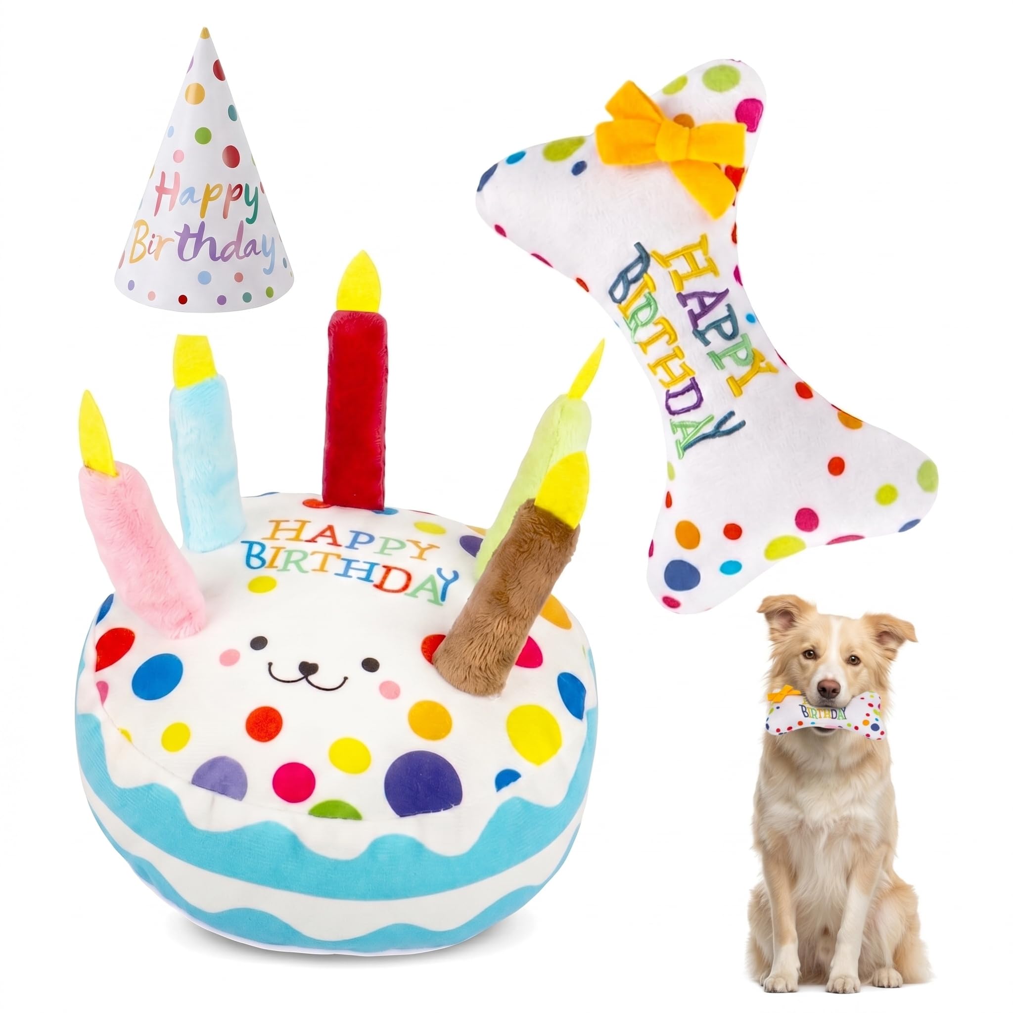 Cjytdkj Dog Birthday Present, 3Pcs, Squeaky Plush, Cake Bone Birthday Hat