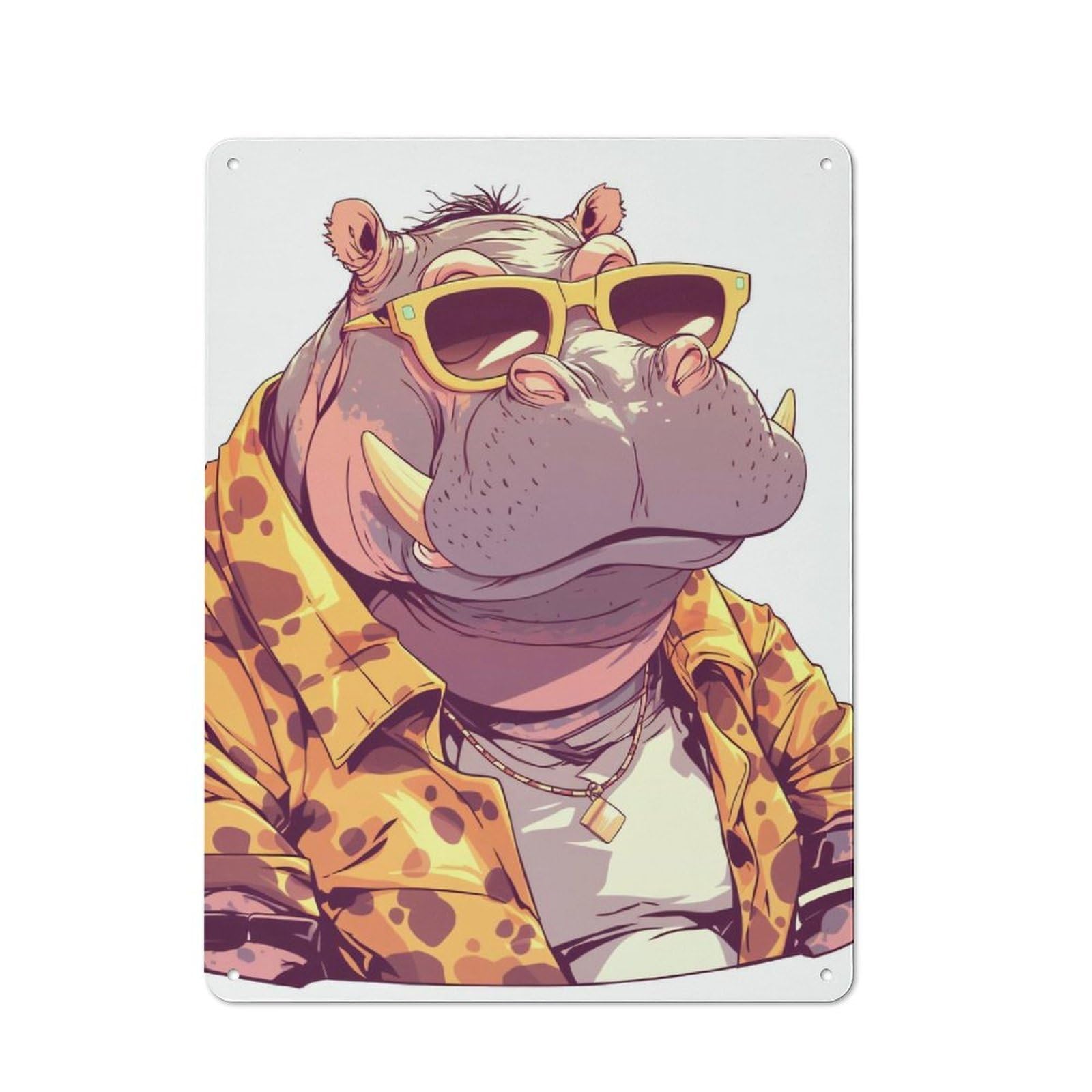 Understated Office Metal Sign 40x30cm Featuring Cool Hippo with Sunglasses And Jacket, Studio Wall Plaque for Office, Study, Studio Or Hallway