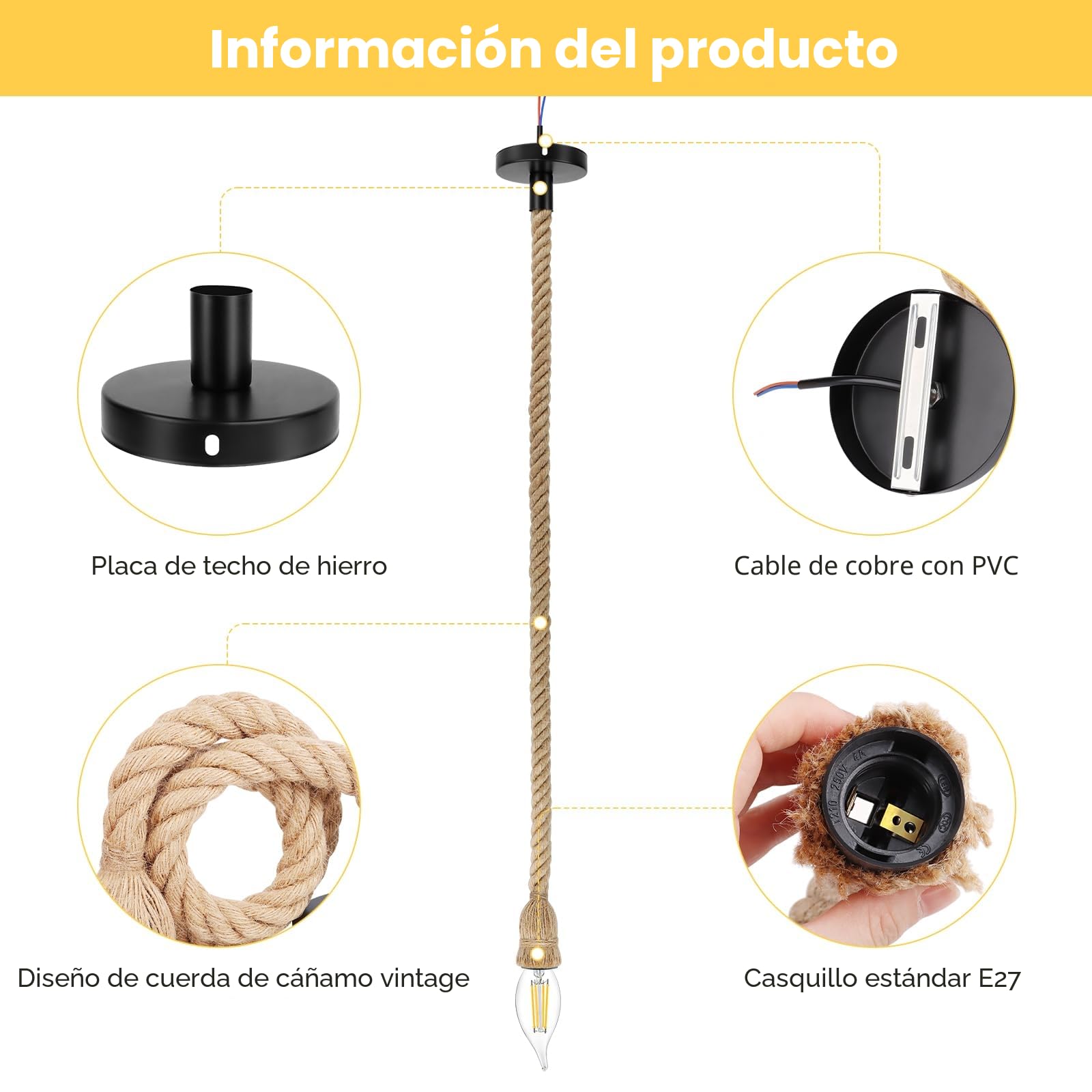 2 Piezas Lampara Cuerda Techo E27 Cáñamo Lampara de Cuerda Portalamparas E27 Techo Lampara Vintage Lámparas Colgantes Retro Lámpara Colgante Industrial 100cm para Comedor Restaurante Bar Cafetería