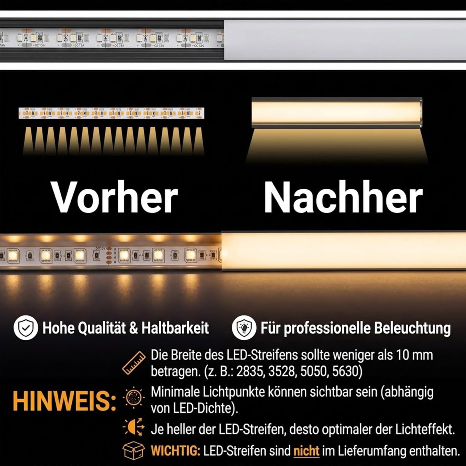 Profilo in alluminio a LED nero, 12 x 1 m, a V per strisce LED, nastro fino a 10 mm, con profilo diffusore con copertura bianca lattea, tappi terminali, clip di montaggio (senza strisce LED)