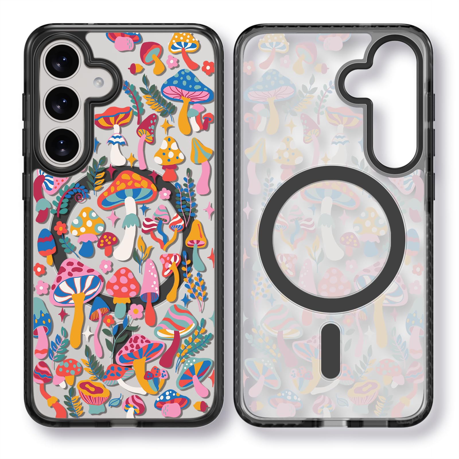 Rosarnnah for Samsung Galaxy S25 Case Aesthetic Black, Mushroom Jungle | Compatible with Magsafe 6.2" Phone Case, Cute Funny Pattern Design for Girls Women, Durable Shockproof 6.6ft Drop Protection Mushroom Jungle(M25) Magnetic Case Samsung Galaxy S25