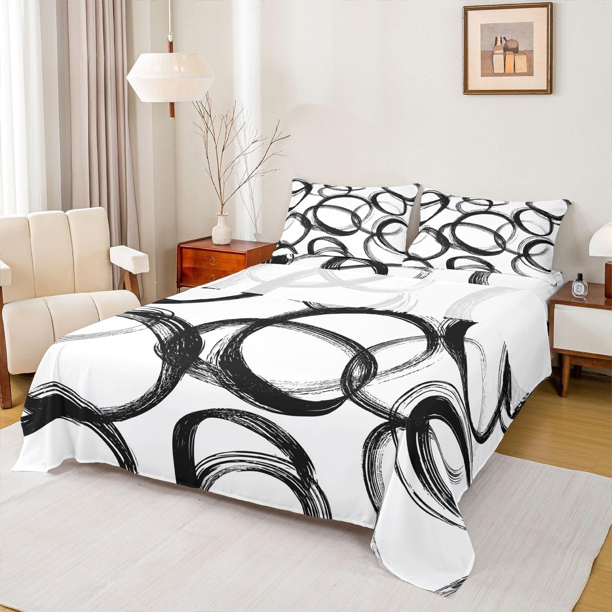 jejeloiu Black and White Bed Sheets Set Queen Size Tie Dyed Sheet Set for Kids Modern Circle Sheets with Deep Pocket Fitted Sheet Women Men Teens Ultra Soft Abstarct Home Decor Bedding