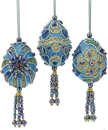 Kurt Adler Peacock Miniature Egg with Teal Cording, Iridescent Beads and Teal, G