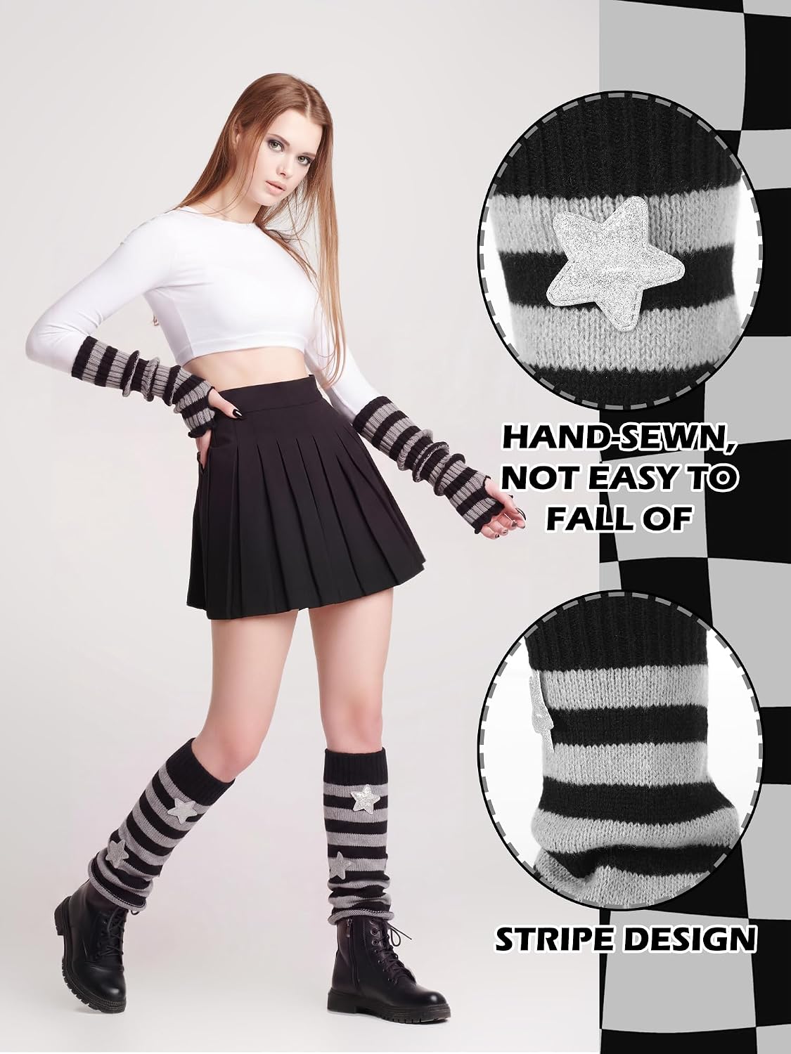 Mepase 4Pcs Y2K Leg Warmers & Arm Warmers, Knitted Fingerless Gloves Stars in Silver, Gothic Punk E-Girl Accessories Bundle