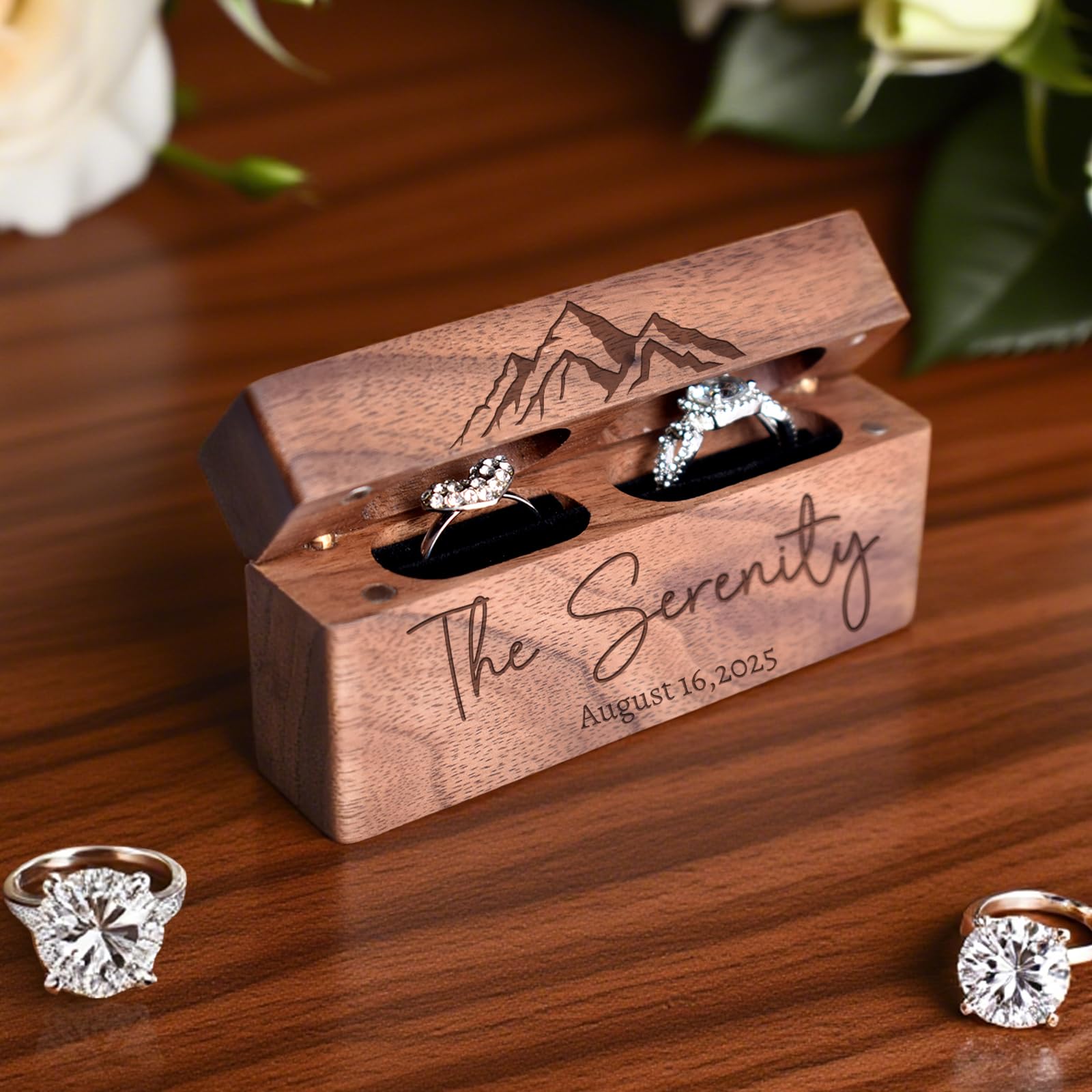 Boîte à Alliances En Bois Personnalisée, Boîte à Bague De Fiançailles, intérieur en velours,Boîte De Rangement En Noyer, cadeau de fiançailles, cadeau d'anniversaire.