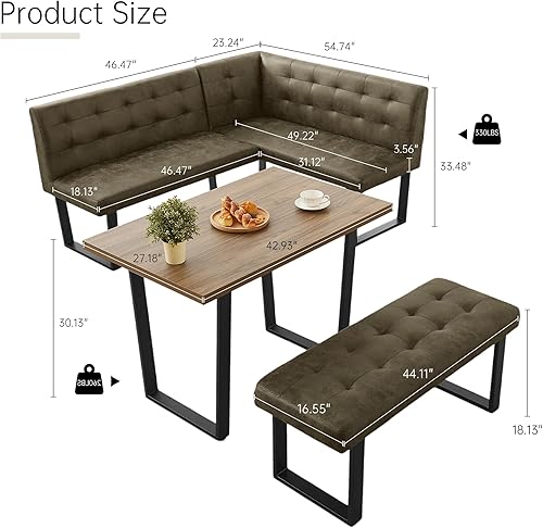 Miniatura 3 de Juego de mesa de comedor de esquina de 3 piezas con banco, rincón de desayuno de 70 pulgadas que ahorra espacio para cocina y comedor (mesa de nogal