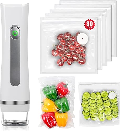 Compact Vacuum Sealer for Food, Handheld Vacuum Sealer, Portable Sealer Machine with 30 Reusable Bags for Sous Vide and Food Storage (Sealer + 30 Bags)