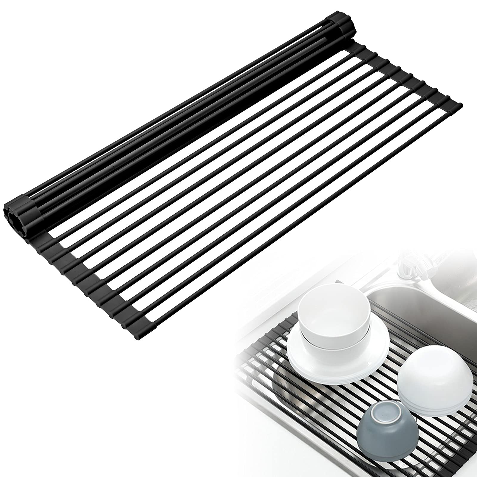 Scolapiatti Gocciolatoio Griglia, Antiscivolo, Arrotolabile, in Silicone, Salvaspazio, Pieghevole, Multiuso, per Frutta e Verdura