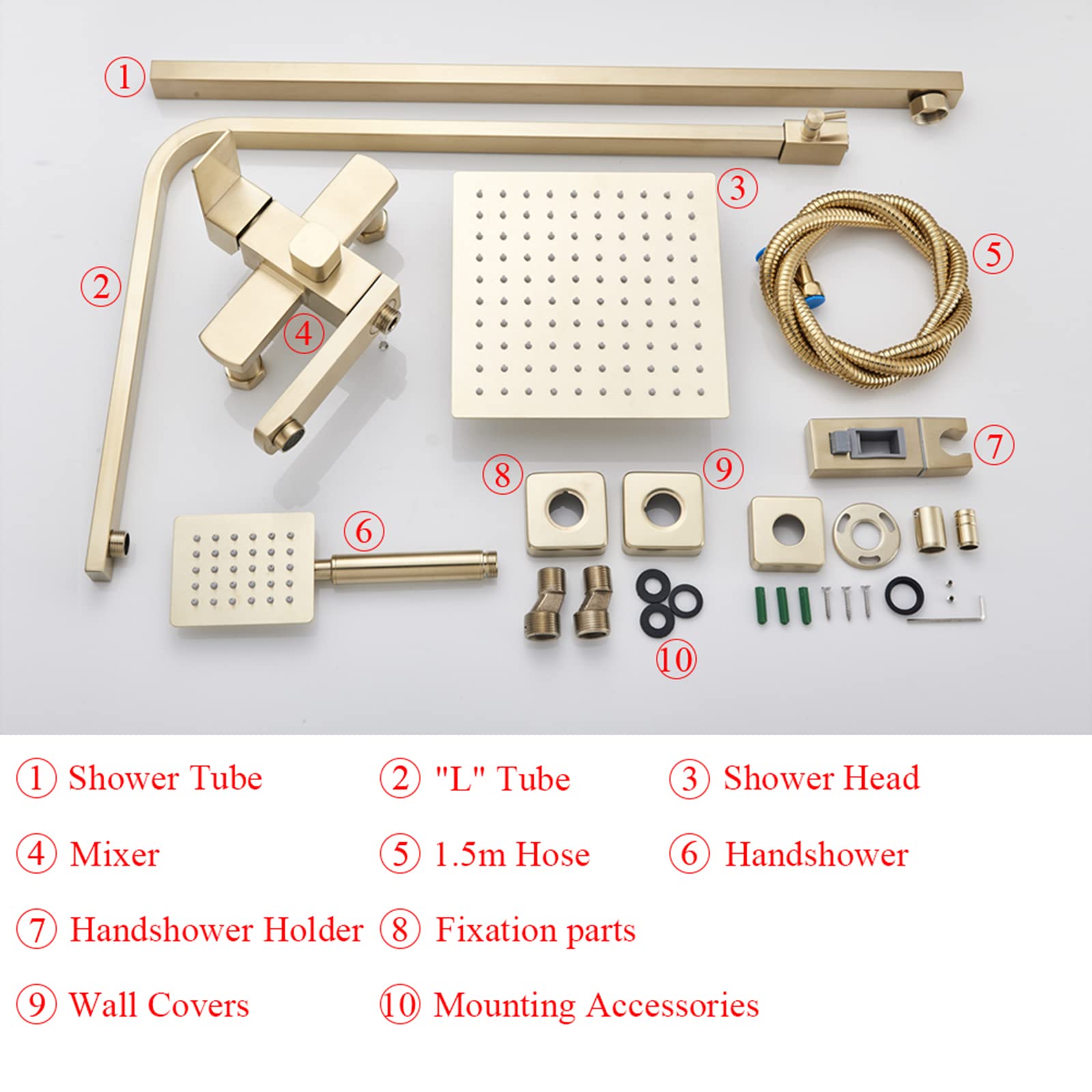 Set Doccia dal Design Moderno, Set Rubinetto Doccia, soffione Doccia a Pioggia in Oro Spazzolato a Parete con soffione Quadrato da 20 cm e doccetta, Colonna Doccia a Vista