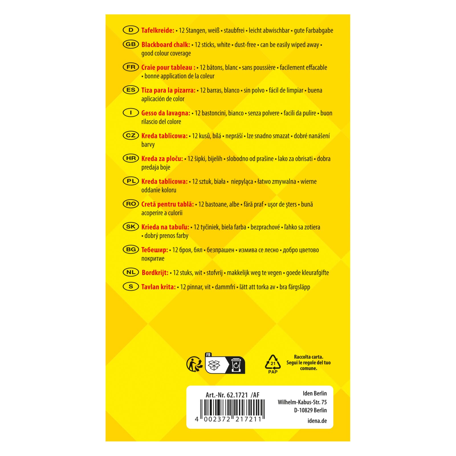 Idena 621721 - Gesso per lavagna in scatola pieghevole, 12 bastoncini, bianco