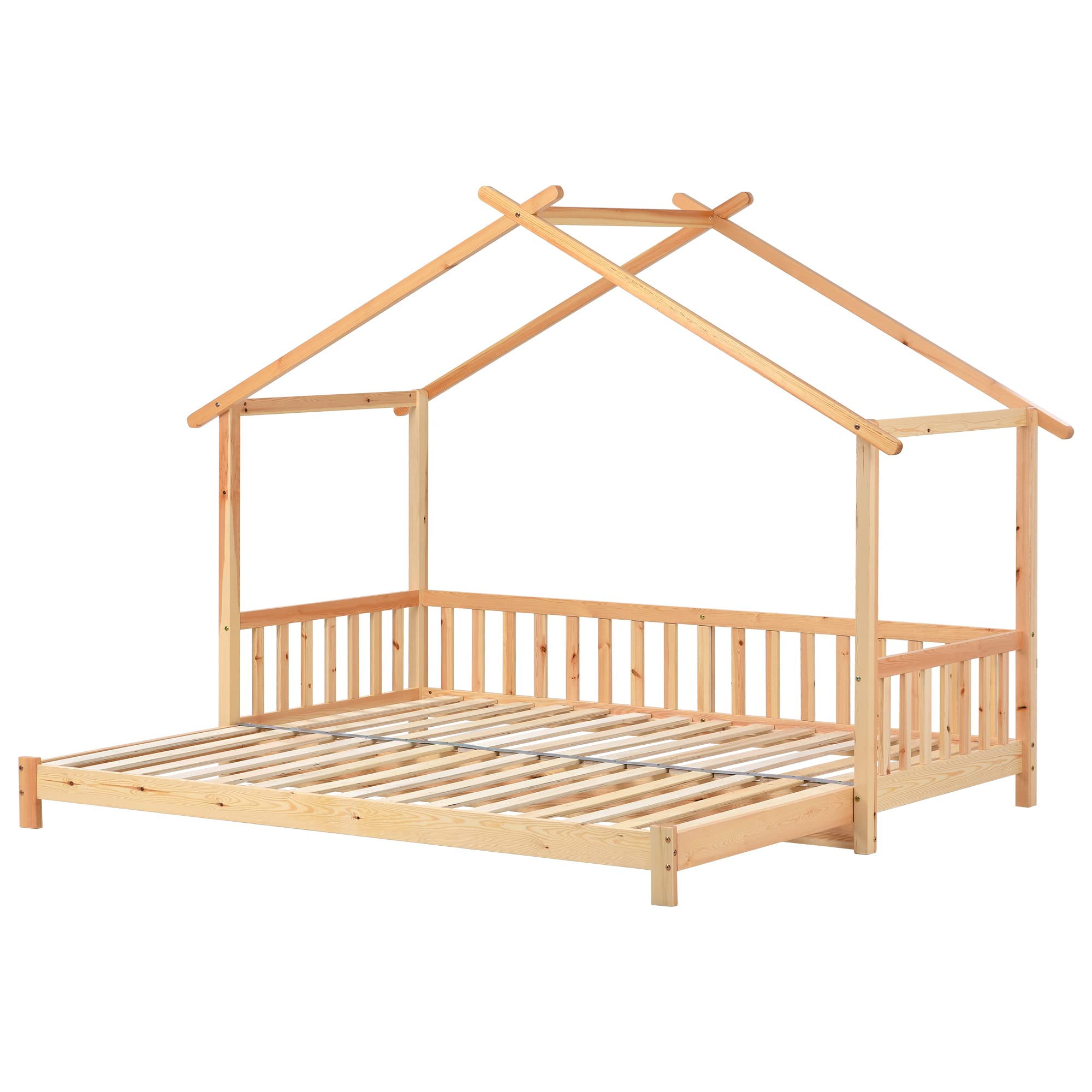 Merax Kinderbett, Erweiterbares Baumhausbett, Hausbett, Tagesbett, Einzel- und Doppelbett, reines Massivholz, Natur (200x90cm)
