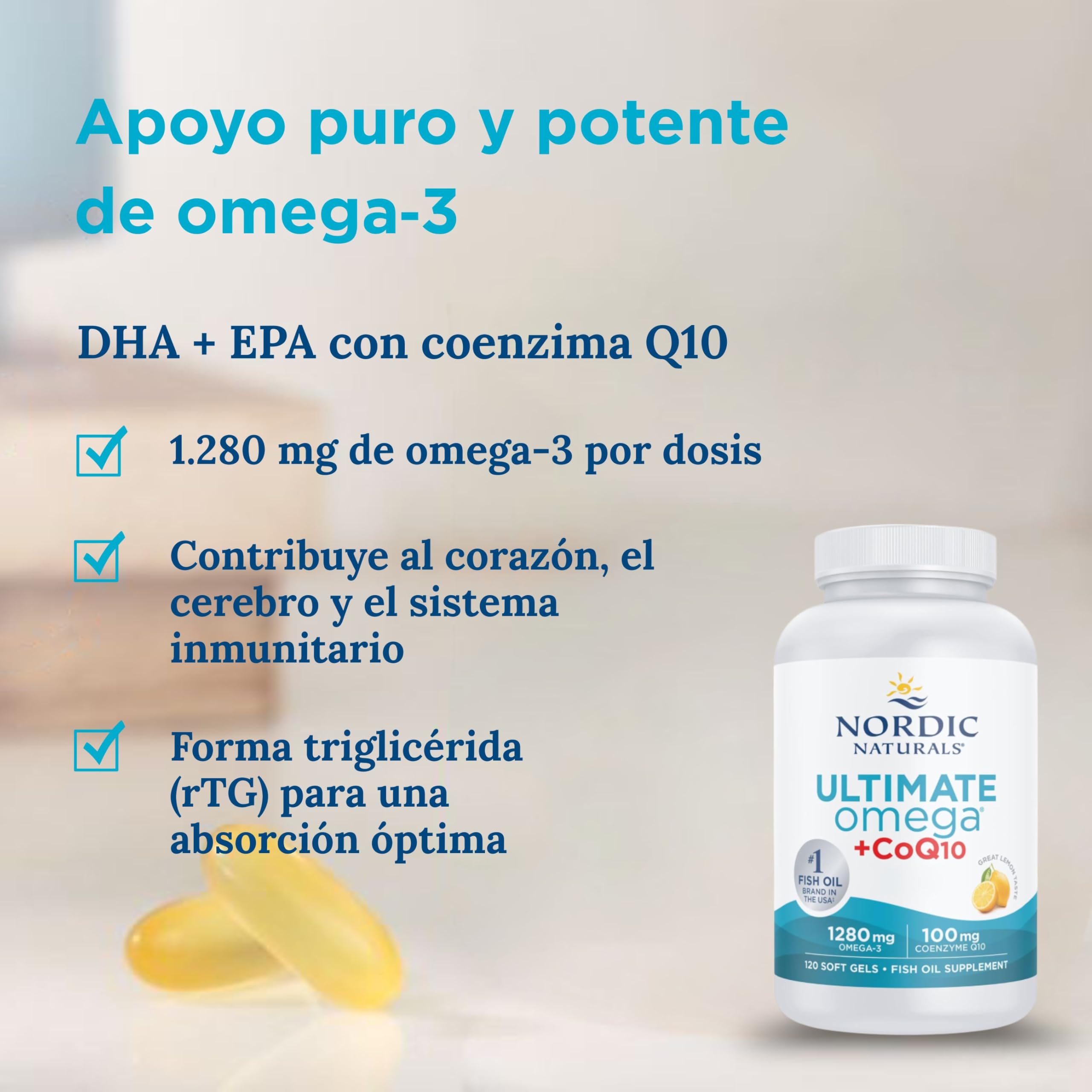Nordic Naturals, Ultimate Omega-3 + CoQ10, 1280mg Omega-3, con EPA, DHA y Coenzima Q10, Dosis Alta, Sabor Limón, 120 Cápsulas blandas, Testado en Laboratorio, Sin Soja, Sin Gluten, No GMO