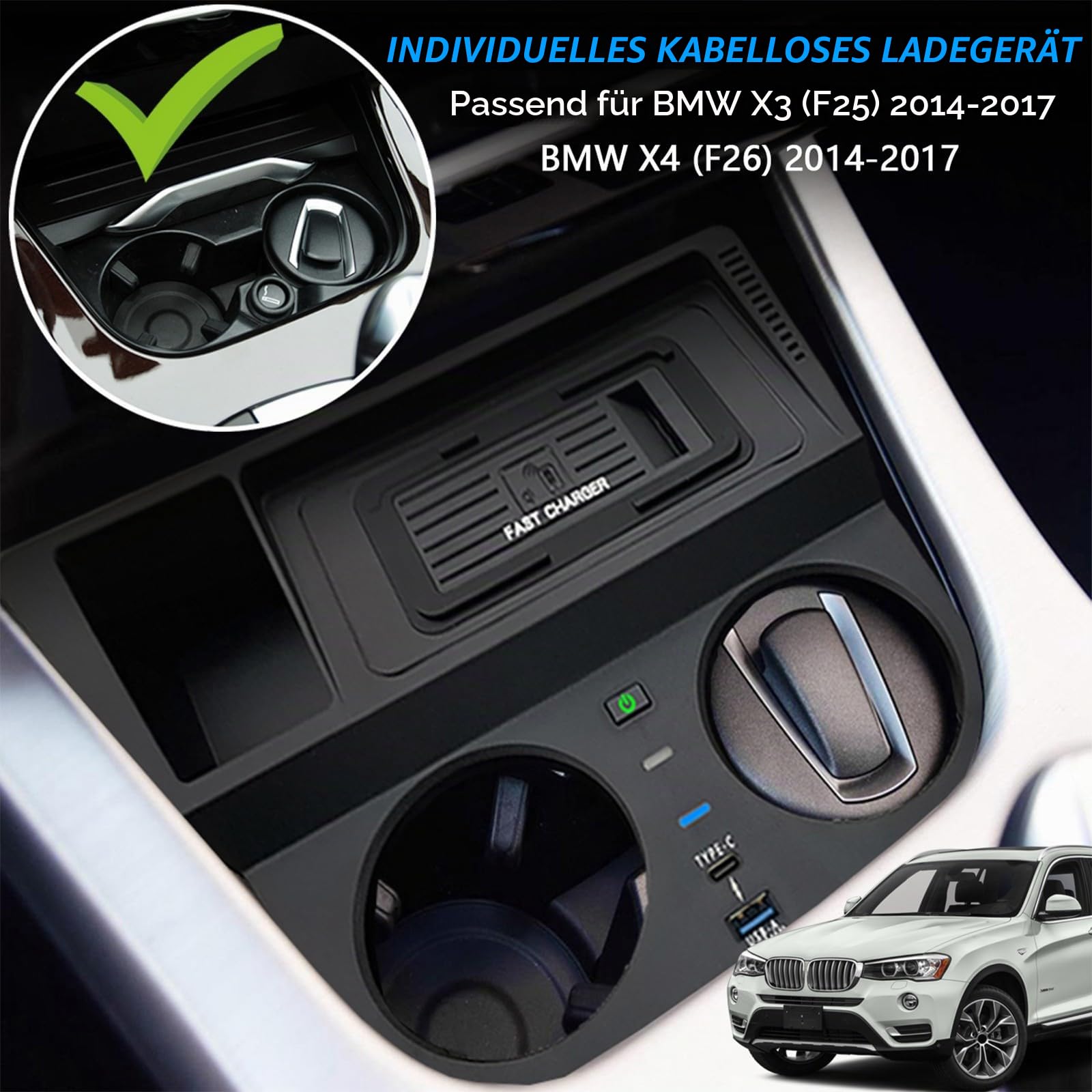 Kabelloses Ladegerät für BMW X3/X4 2014 2015 2016 2017 Zubehör, OEM-Stil Schnellladendes Handy-Ladegerät für BMW X3 X4 F25 F26 2014-2017 Mittelkonsolen-Innenraum-Autoinnenraum