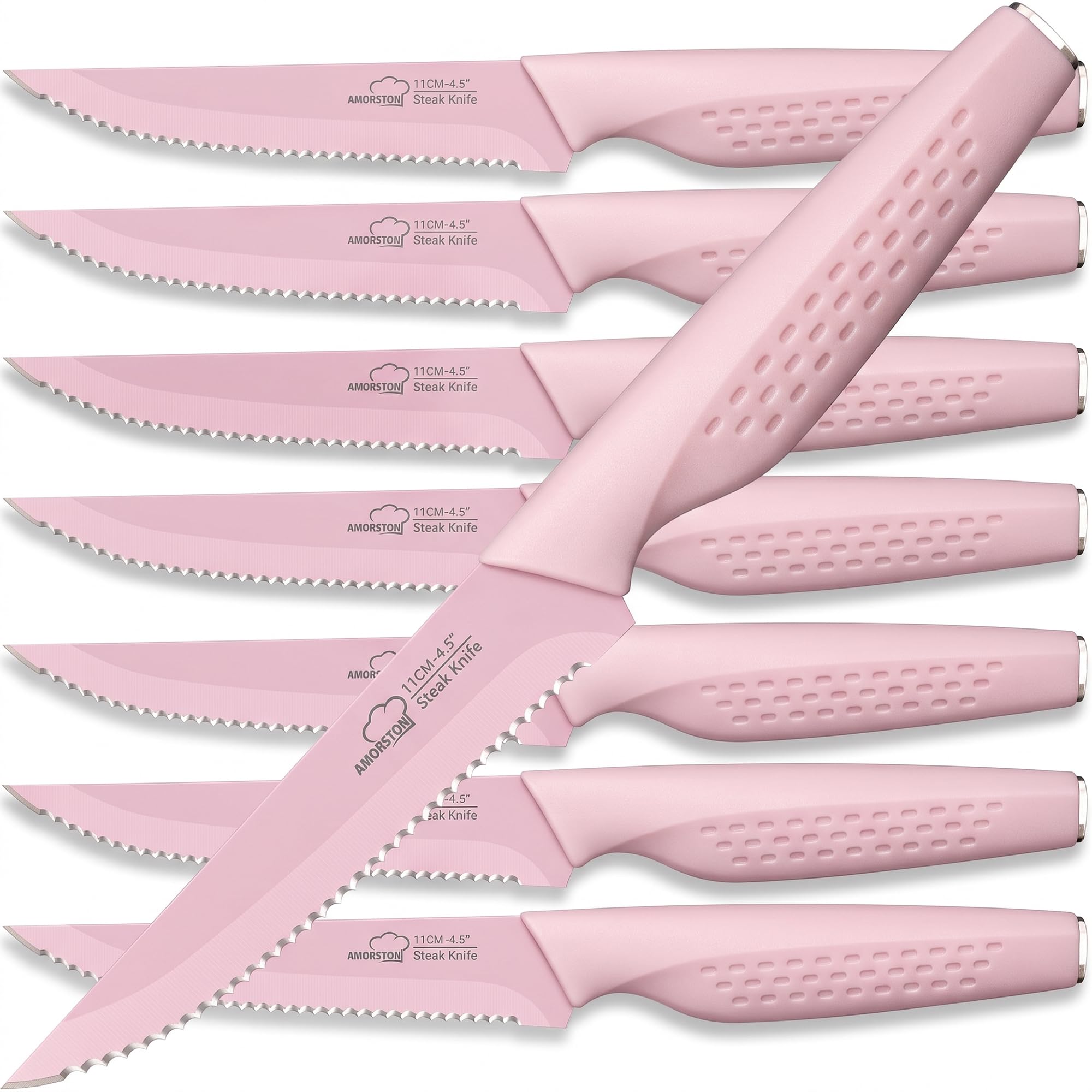 Amorston Steak Knives Set of 8 Stainless Steel Serrated Knives Pink