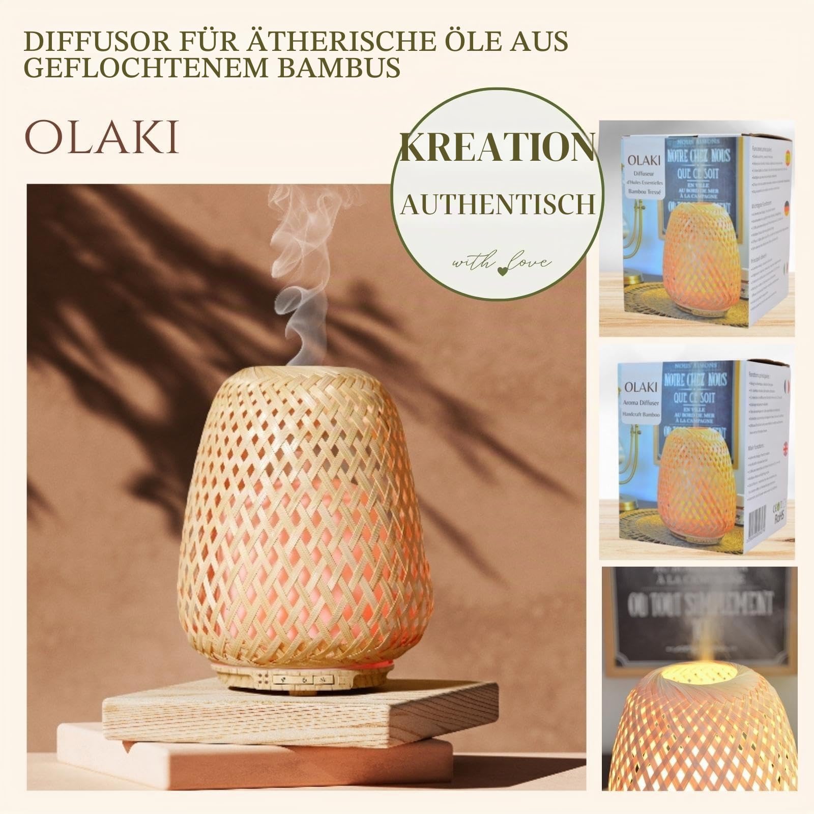 Zen'Arôme - Ultraschall-Diffusor für ätherische Öle Olaki (bis zu 40 m²) - Kaltdiffusor für Aromatherapie - Handgefertigtes Zen-Design aus Bambusgeflecht - Einstellbare Beleuchtung