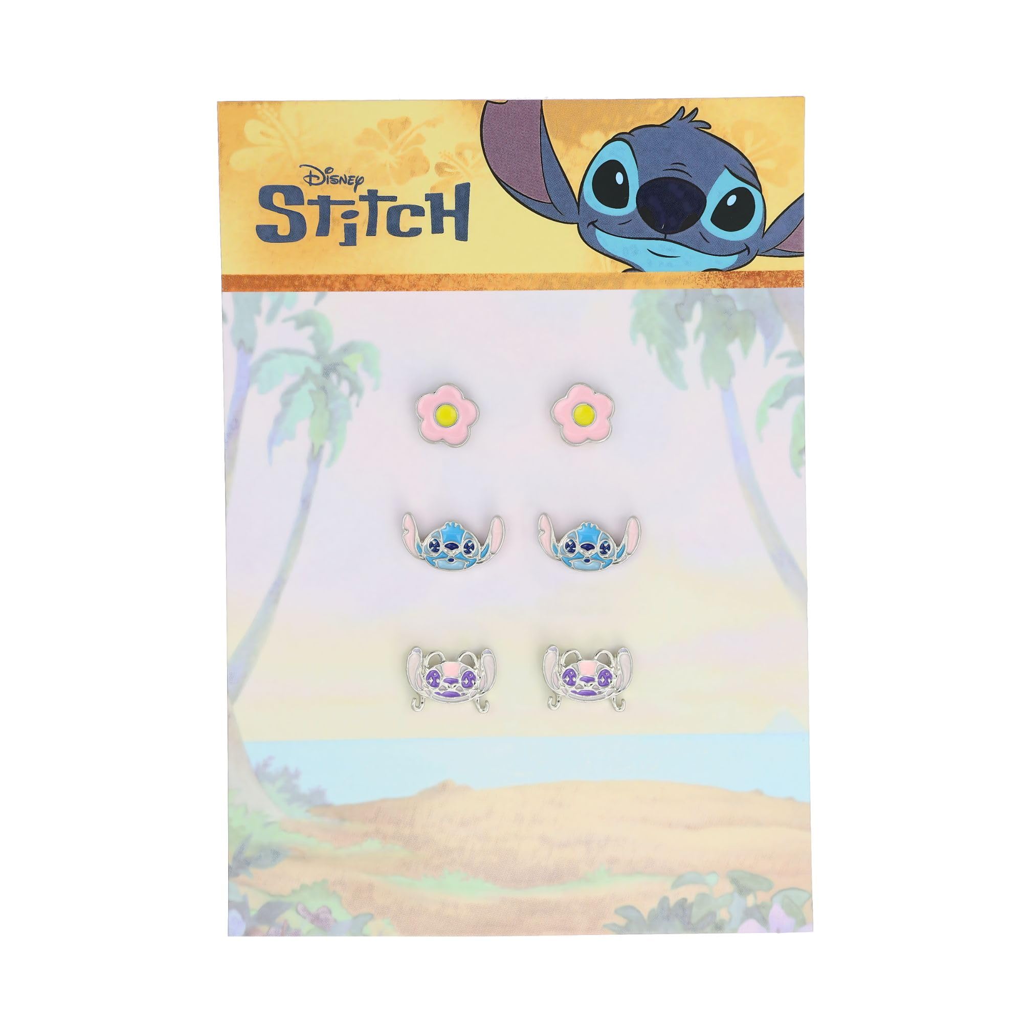 Disney Stitch Coffret 3 Boucles d'Oreilles Stitch, Angel et Fleur, en Laiton et Émail Coloré, pour Femme et Fille, Prêt à Offrir, Bijoux Officiels Disney