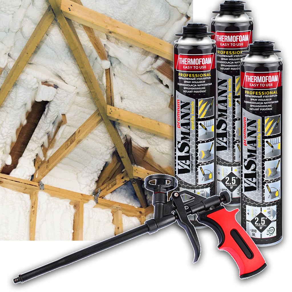 Sprühdämmung / Sprühisolierung 3x890ml+Pistole Dachdämmung Kellerdeckendämmung Zwischensparrendämmung Vielseitige Isolationslösungen - Effektive Wärmedämmung EPS / XPS Dämmung (7.5m2+Pistole)