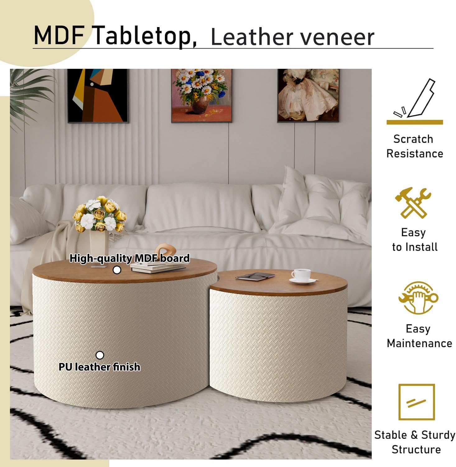 Nesting Coffee Table Set of 2, Round Nesting Wooden Coffee Tables Upholstered Circle Side/Sofa Table Set for Small Space Living Room Bedroom Apartment No Assembly Required (White)