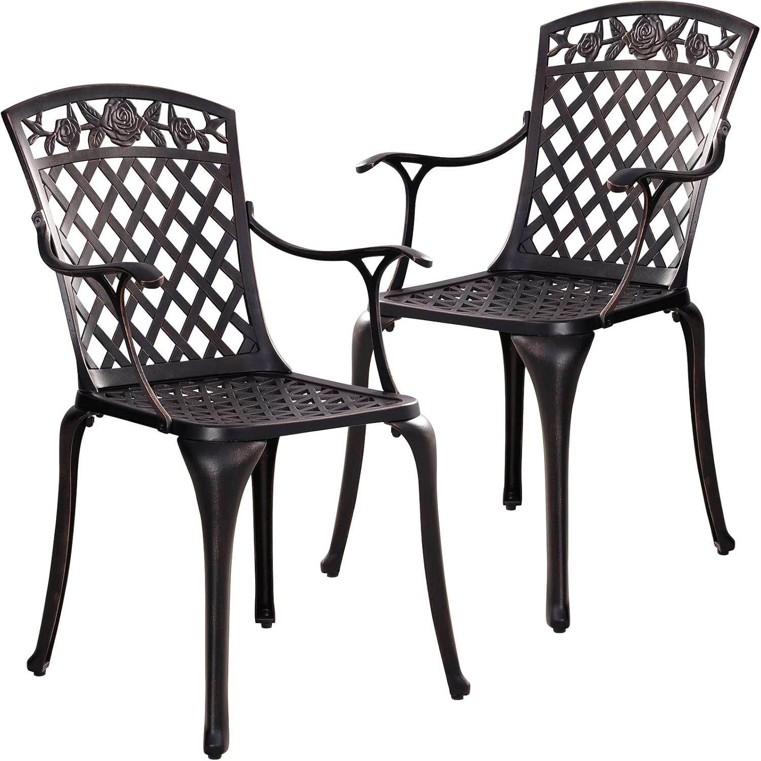 Cast Aluminum Patio Chairs, Outdoor Bistro Chairs Set of 2 with Large Back, All Weather Metal Dining Chairs for Garden Deck Backyard, Bronze Lattice Weave Design