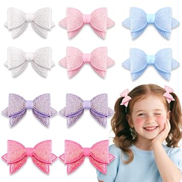TODDER 3.35 Inch Glitter Hair Bows for Girls Shiny Sequins Bowknot Alligator Clips Barrettes Pins for Baby Girls Toddlers Teens Sparkly Hair Accessories Fully-wrapped Clips Multi-color 10pcs