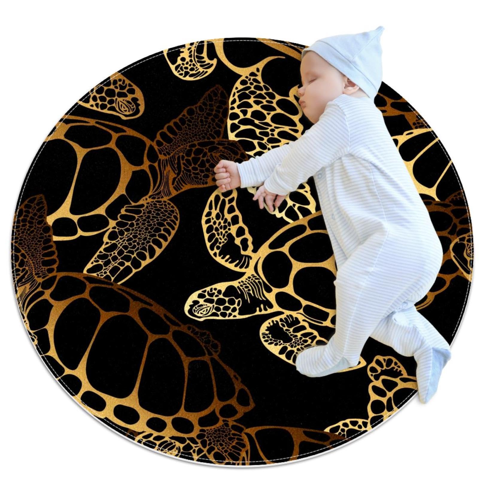 Tapis de salle de bain doré bohème tortue de mer rond 1m pour chambre