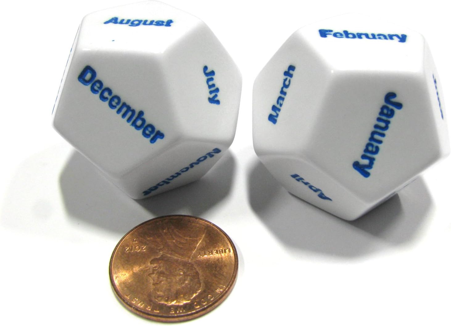 Koplow Games Set of 2 D12 Months of The Year Setting Educational Dice White with Blue Letters