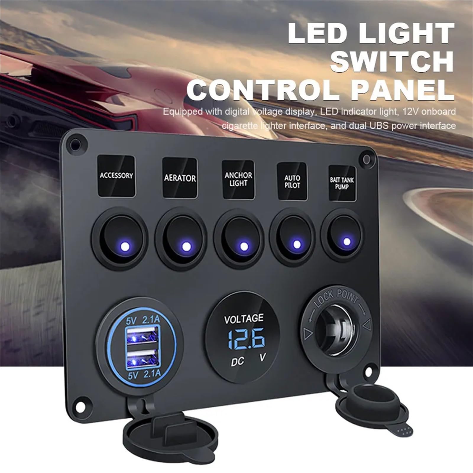 Panneau de commande d'interrupteur d'éclairage LED 12 V à 5 gangs, voltmètre, 2 ports USB, circuit de contrôle LED marche/arrêt for camping-car, camion, bateau, VTT, caravane(Blauw)