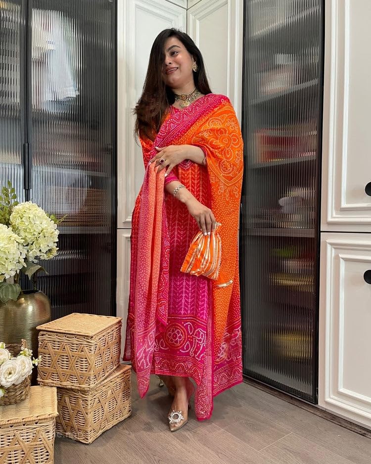 Image of GoSriKi Women's Rayon-Viscose Straight Kurta Set with Multicolor Bandhej Print - 3 /4 Sleeves, Calf-Length Kurta + Pant & Dupatta - Comfortable & Festive Ethnic Wear
