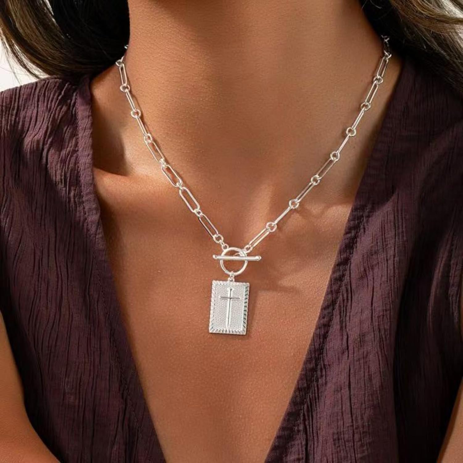 Cross Necklaces for Women,14K Gold Plated/Silver Plated Cross Pendant Necklace,Chunky Cross Charm Necklace for Women Trendy Toggle Clasp Paperclip Chain Dainty Religious Jewelry Gift for Christian Faith Baptism First Communion - Image 4