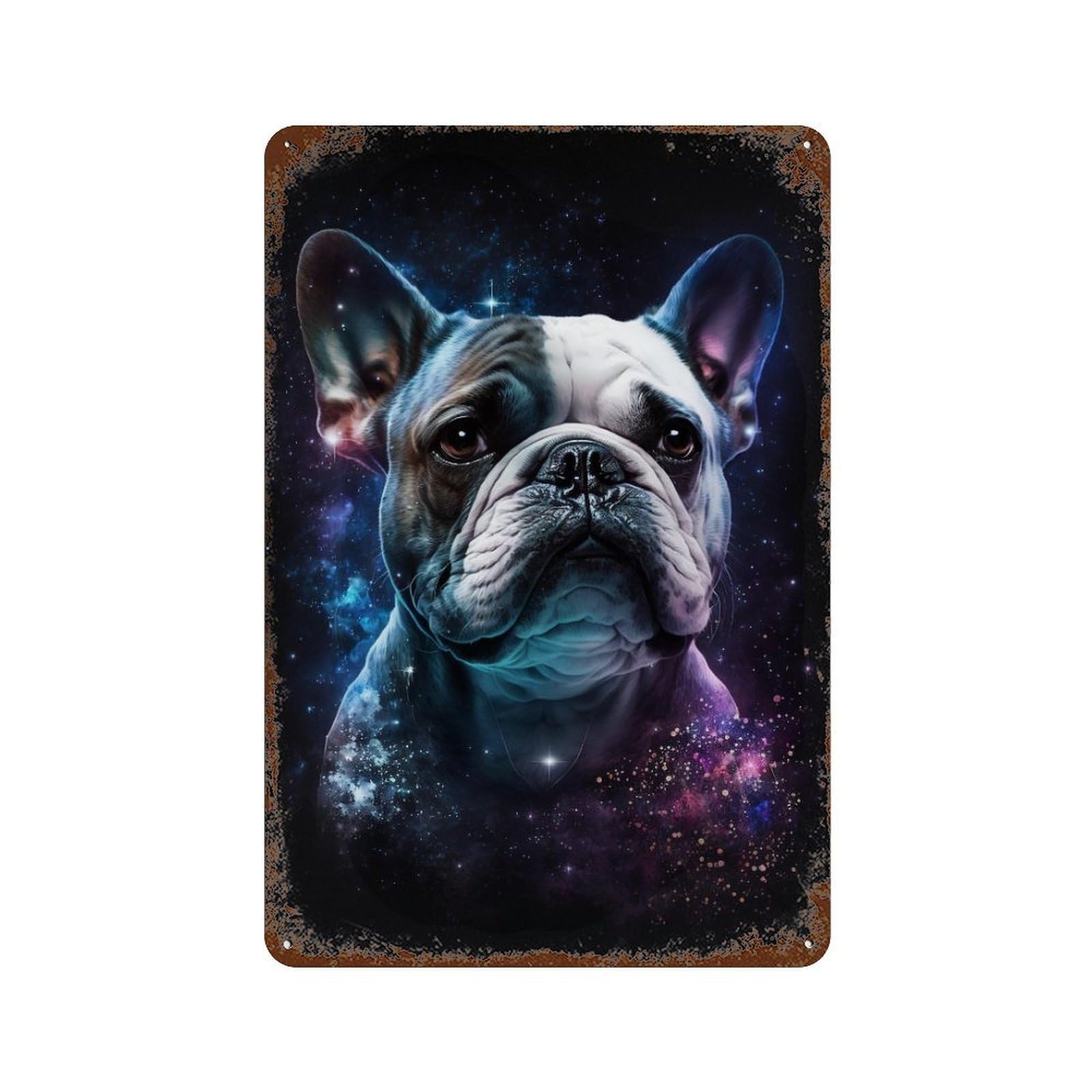 Vintage Rust Metal Sign Cosmic French Bulldog Art Print 11.8"x7.9", Old School Wall Decor for Office, Studio And Wall Decor