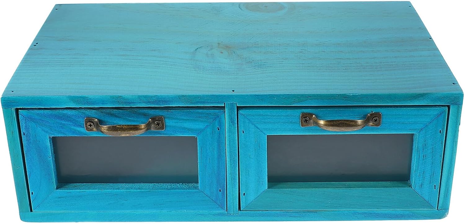 Small Wooden Desktop Drawer Box Mediterranean Blue Vintage Style Tabletop Organizer for Makeup and Jewelry Storage Wood Material with Capacity Practical Home Dressing Table Cabinet
