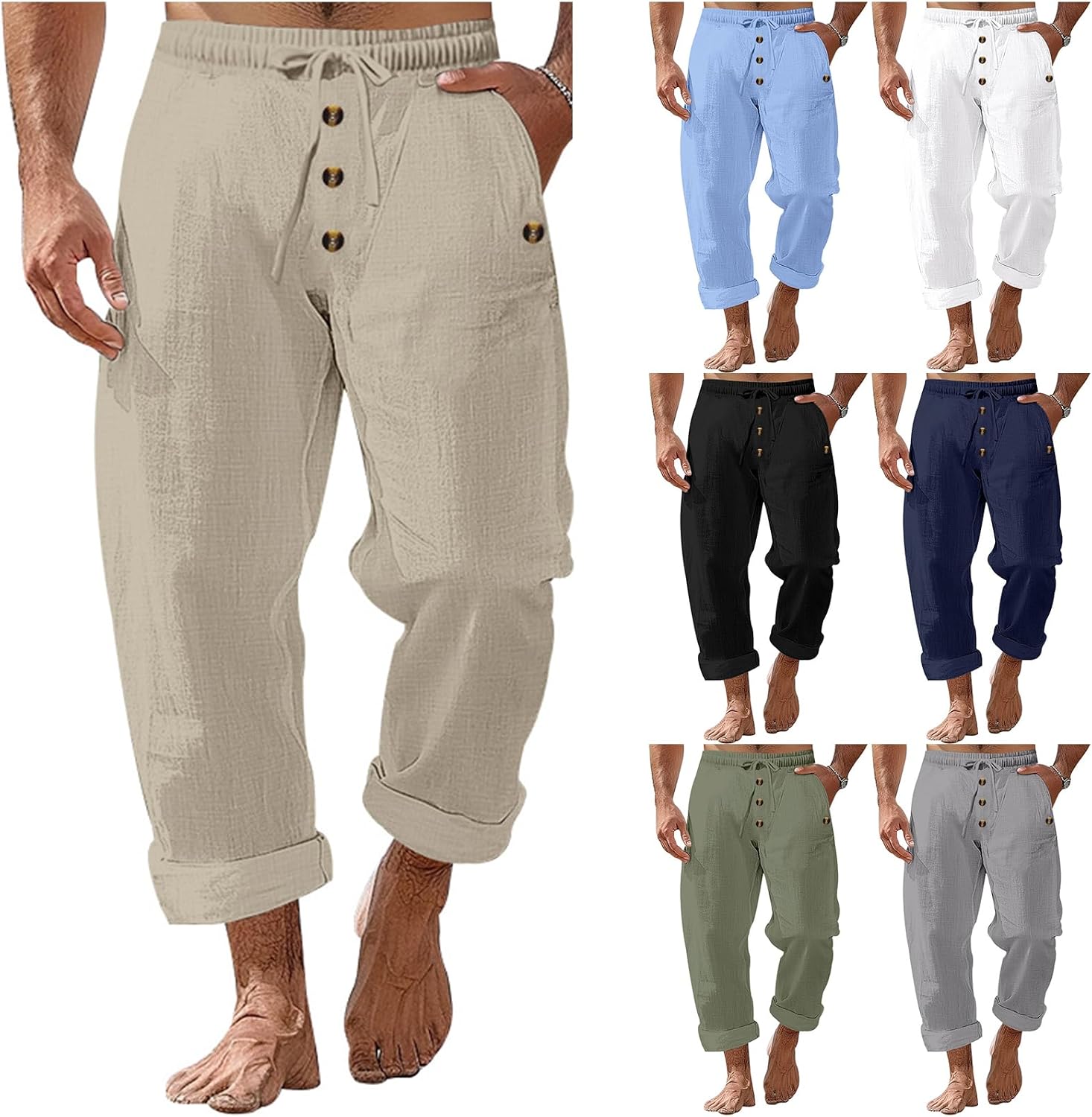 Men's Boho Yoga Pants Roll Up Buttoned Beach Pants Drawstring Elastic Waist Solid Cotton Linen Loose Linen Trousers