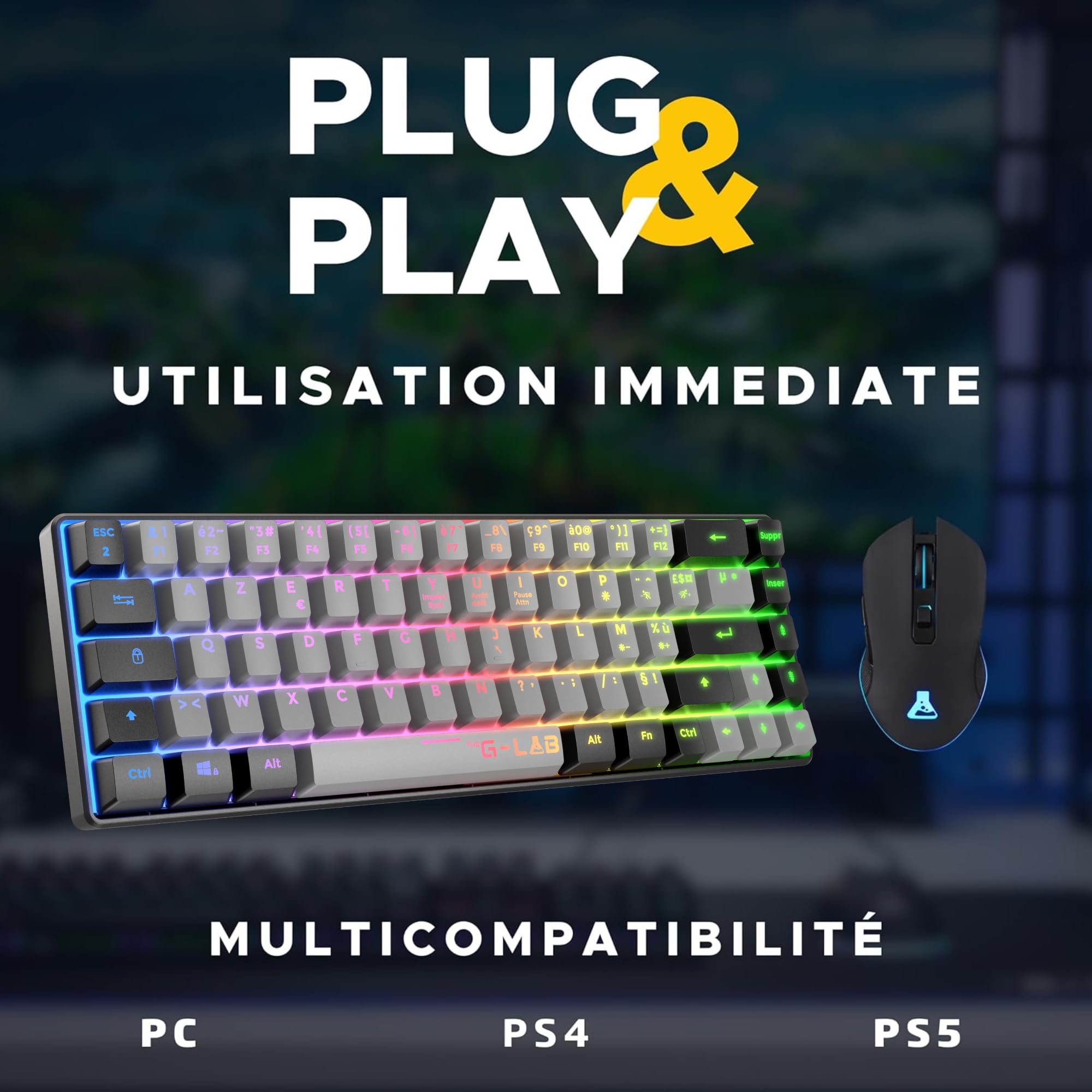 The G-Lab - Combo Hydrogen - Pack Clavier Souris Gamer, Clavier Gamer 65% Filaire, Rétroéclairage RGB, azerty, Format Compact + Souris Gaming RGB, 6 Boutons, 7200 DPI - PC/PS4/PS5 – Gris/Noir
