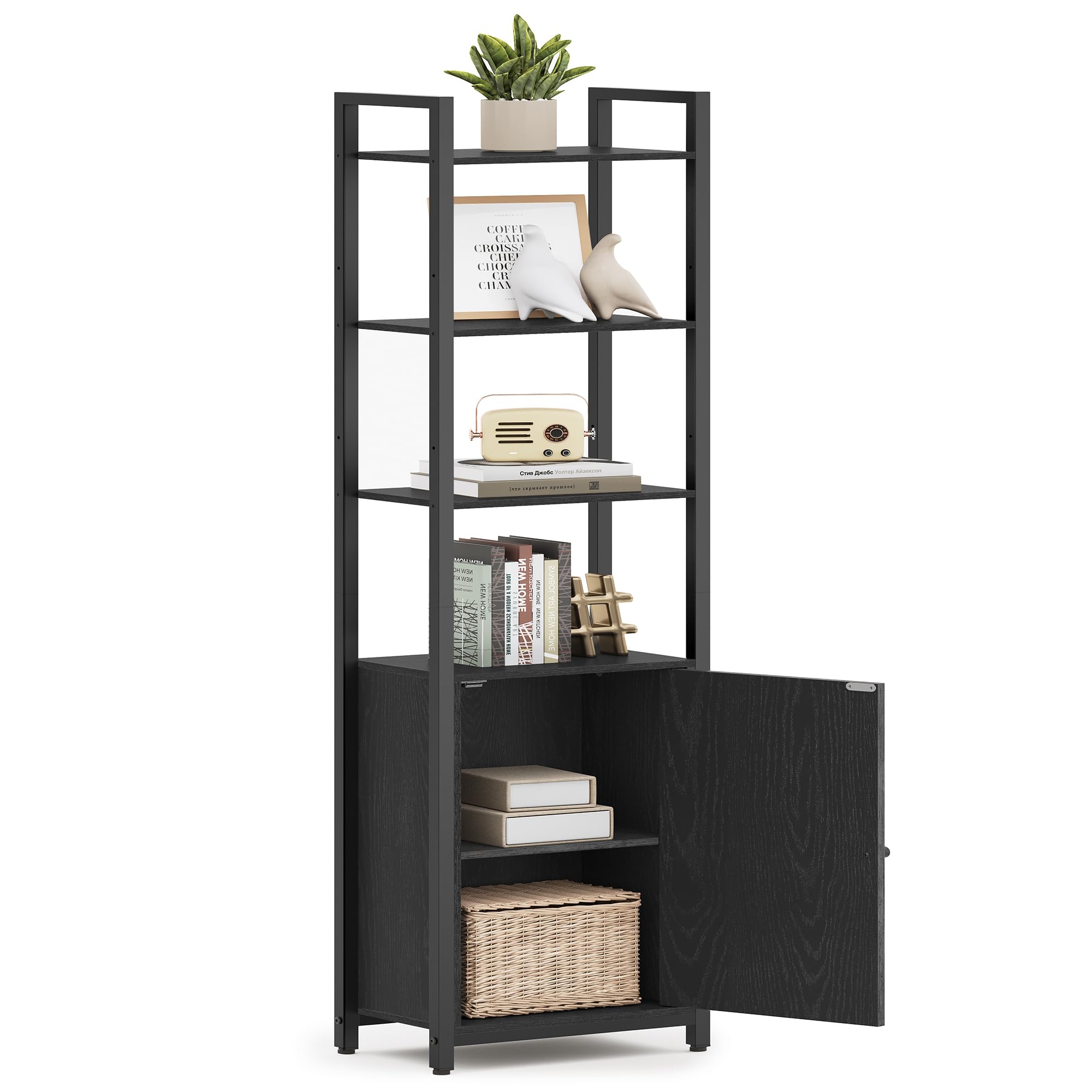 VASAGLE 6-Tier Bookshelf, Tall Bookcase with Cabinet, Steel Frame, Adjustable Shelves, 9.4 x 15.7 x 62.8 Inches, Living Room Bedroom, Ebony Black and Ink Black ULLS132B01 6 Tiers with Cabine