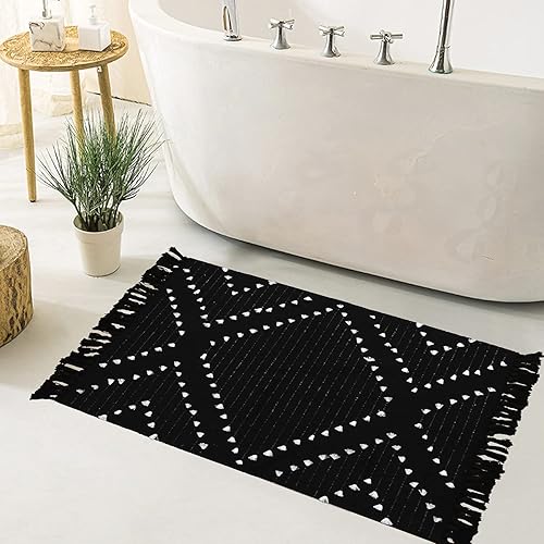 HAOCOO Alfombras de baño grises de 2 x 3 pies, alfombra tejida de algodón pequeña lavable con borlas, alfombra marroquí para puerta delantera,