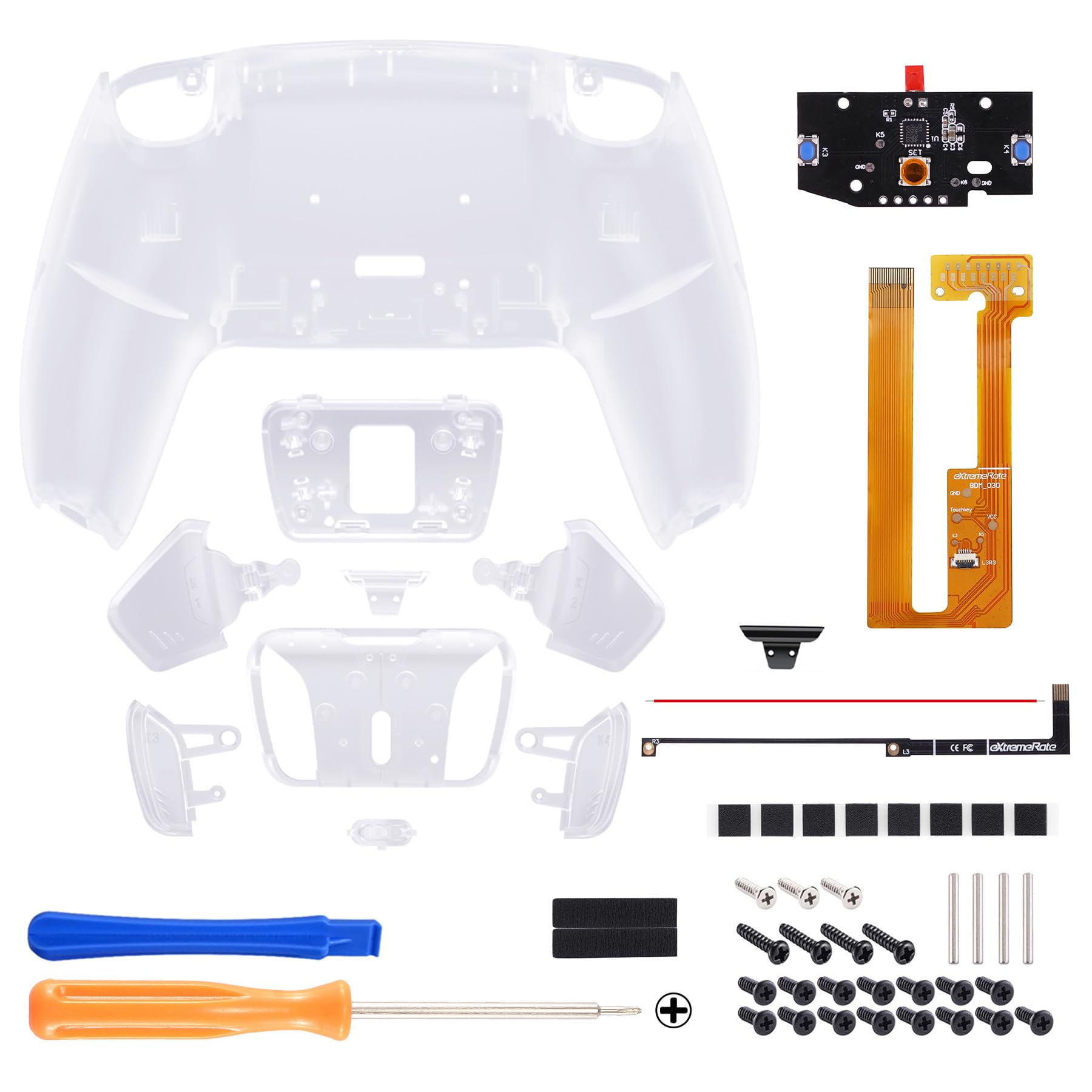 eXtremeRate Programable RISE4 Remap Kit para ps5 Modelo BDM-030/040/050 Actualización Board & Carcasa Trasera & 4 Palancas Botones Traseros para ps5 Control-NO Incluye Mando(Transparente)