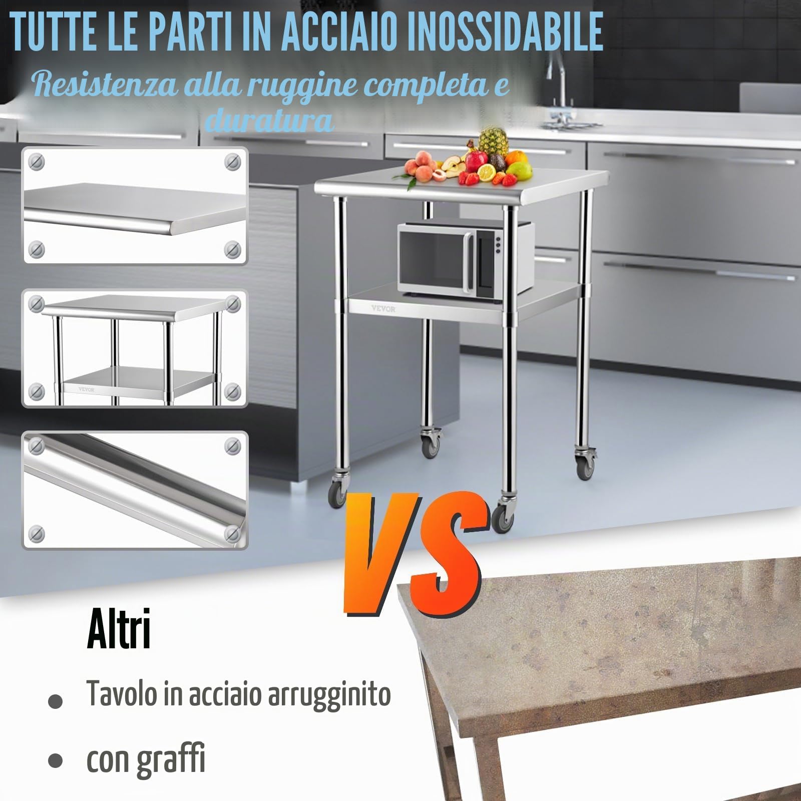 VEVOR Tavolo da Lavoro in Acciaio Inox con Ruote 61x61x91,4 cm, Tavolo di Preparazione 2 Ripiani Portata max. 272,4 kg, per Cucina Commerciale Altezza Ripiani Regolabile per Ristorante Bar