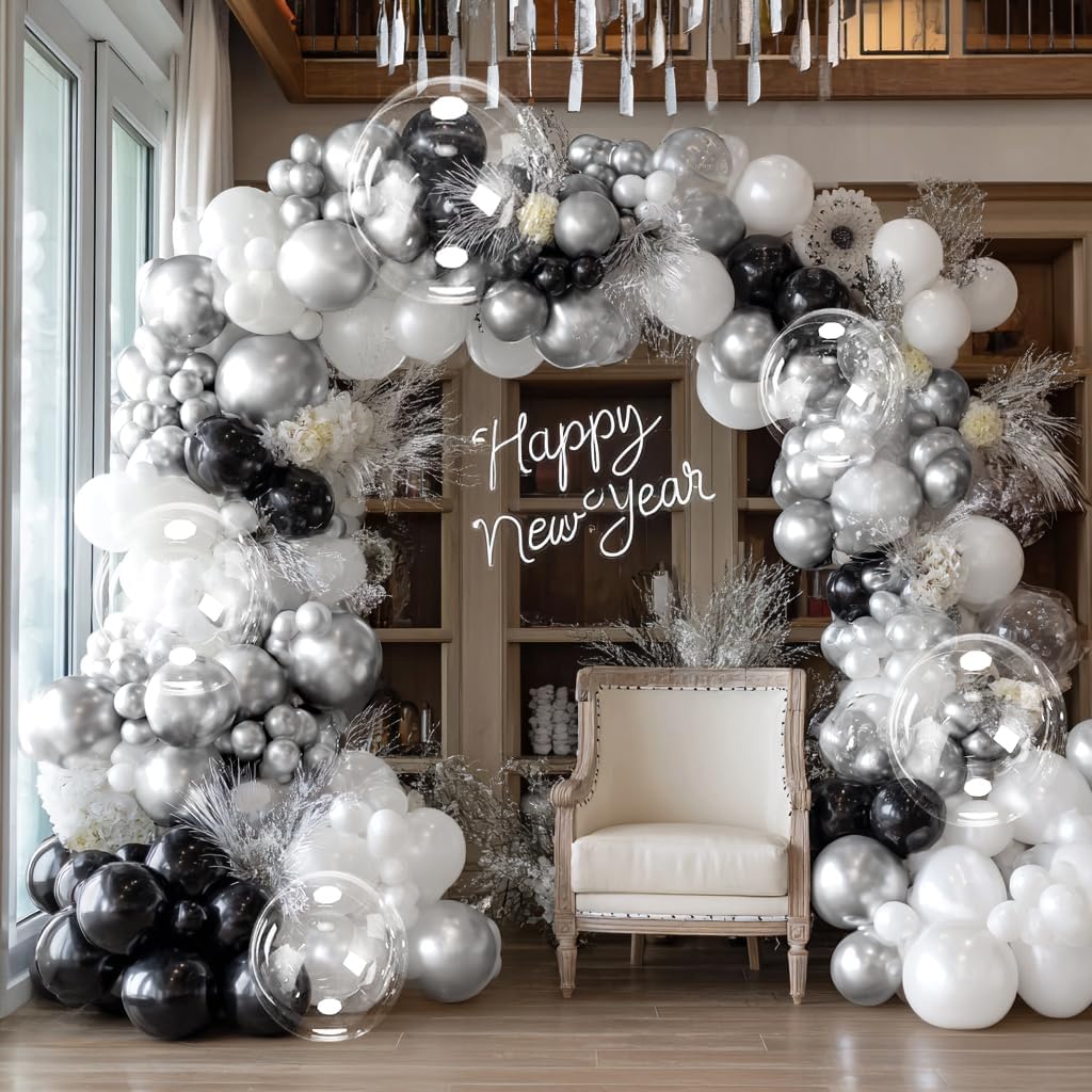 Halloween Balloon Arch DOUBLE STUFFED White Black Silver Balloons for Birthday Baby Shower Halloween Anniversary Party Decorations